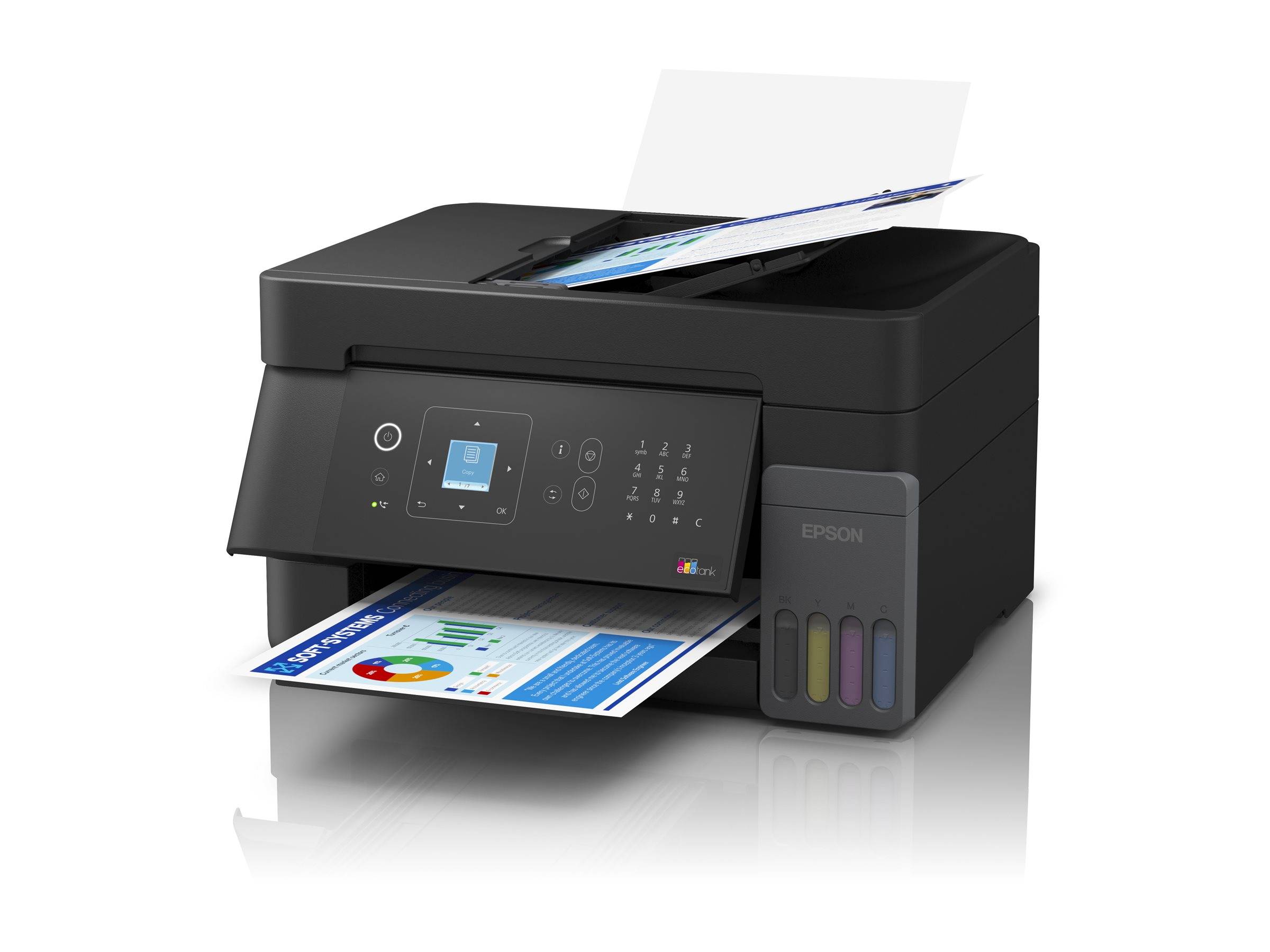 Schwarzer Epson Multifunktionsdrucker scannt ein Dokument, während er eine farbige Seite druckt