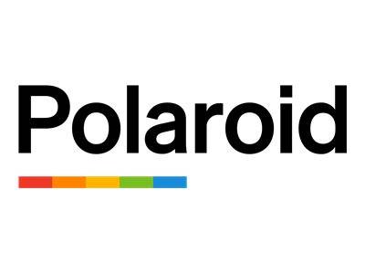 Polaroid-Logo in schwarzem Text mit einem mehrfarbigen Streifen darunter auf weißem Hintergrund.