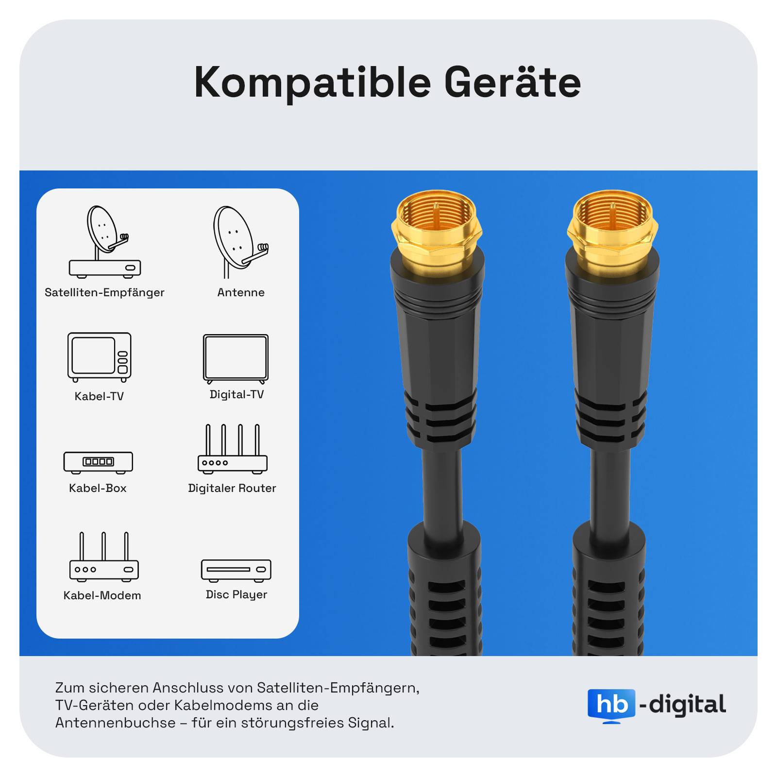 hb-digital 5m SAT Kabel 110dB 4-fach geschirmt mit 2x F-Stecker vergoldet und Ferritkern schwarz