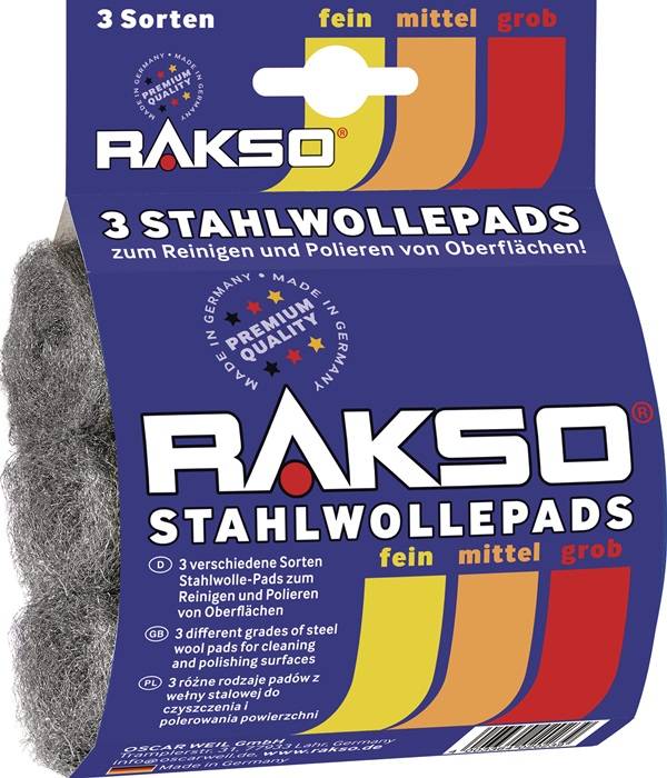 RAKSO 20233 Stahlwollepad fein/mittel/grob 00/1/3 3x16g RAKSO Stahwolle -Pads