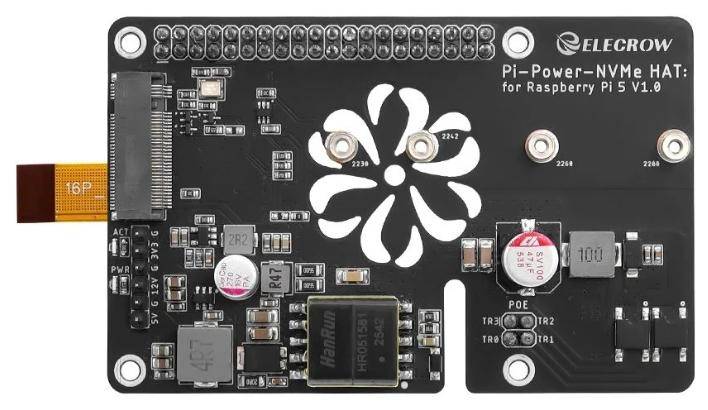 Elecrow Pi Power M.2 NVMe PoE+ Hat für 2230 bis 2280, RPI5, PCIe M-Key, 802.3af/at, 5V/5A, 12V/2A