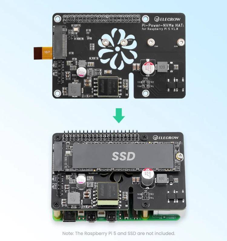 Elecrow Pi Power M.2 NVMe PoE+ Hat für 2230 bis 2280, RPI5, PCIe M-Key, 802.3af/at, 5V/5A, 12V/2A