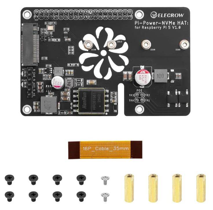 Elecrow Pi Power M.2 NVMe PoE+ Hat für 2230 bis 2280, RPI5, PCIe M-Key, 802.3af/at, 5V/5A, 12V/2A