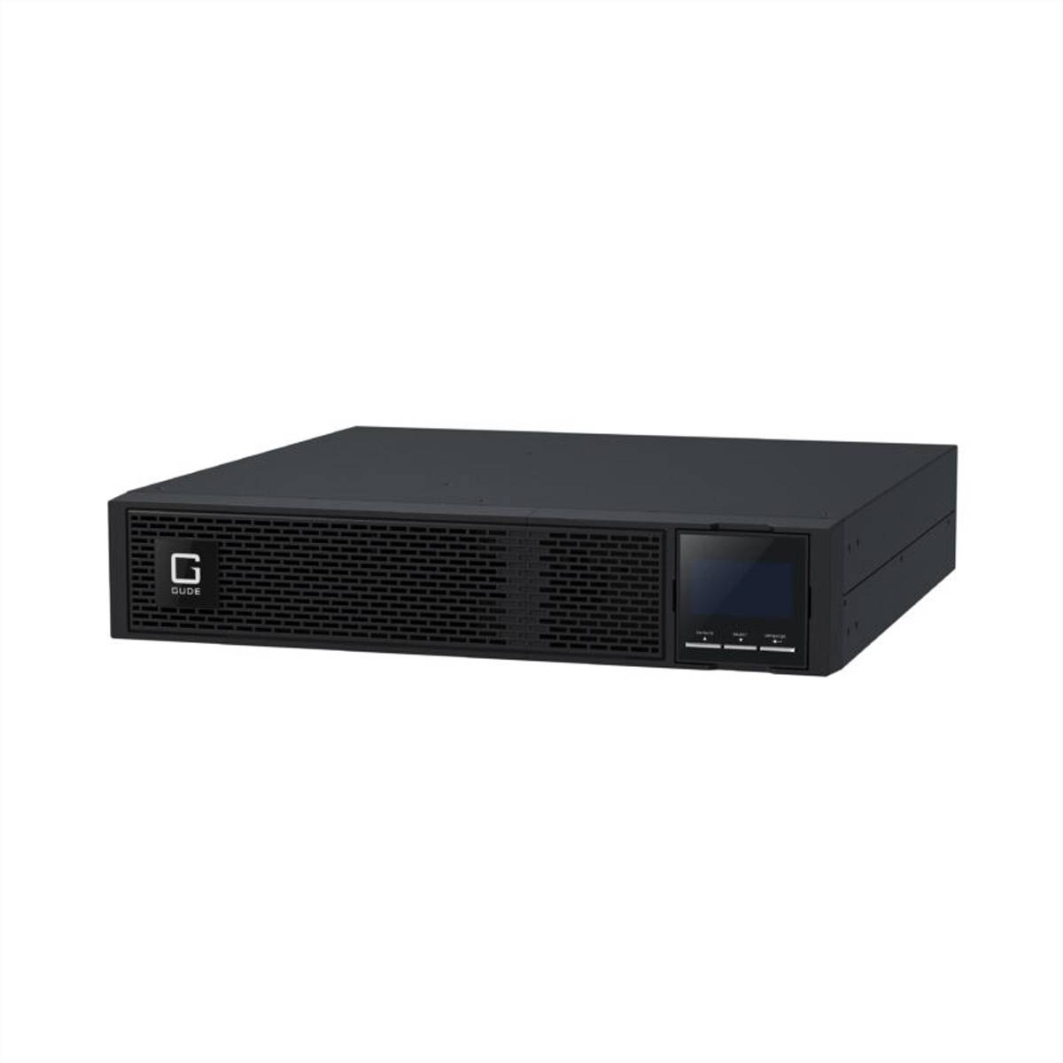 Schwarzes Rack-Mount-Computer-/Servergehäuse mit Frontgitter, Markenlogo und kleinem Anzeigefeld auf der rechten Seite