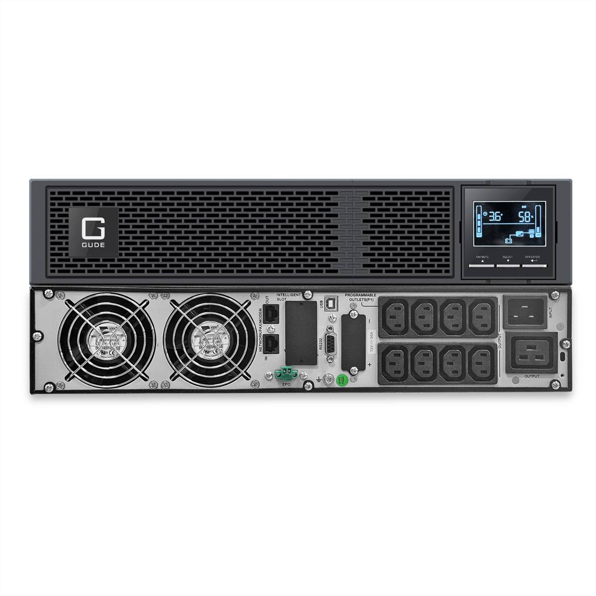 Vorder- und Rückansicht einer Rack-UPS-Stromversorgung mit Frontdisplay, Kühlungsöffnungen, Doppellüftern und mehreren hinteren Anschlüssen und Anschlussports.