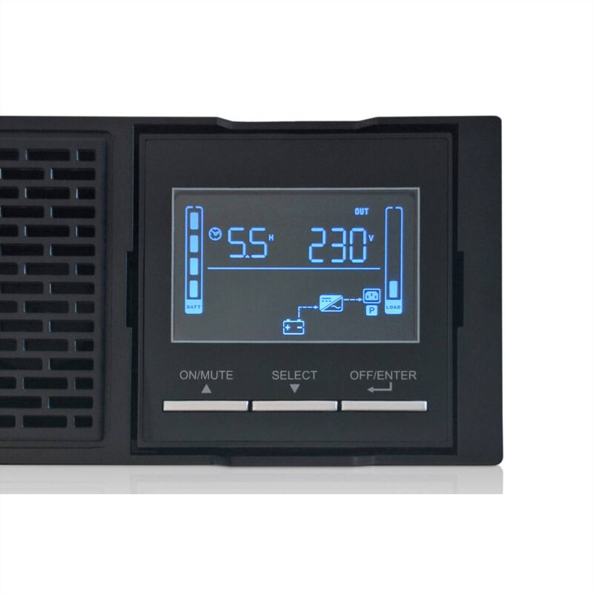 Nahaufnahme einer USV-Steuerfeld-Anzeige mit Batterie bei 55% und Ausgang bei 230V, mit den Tasten EIN/STUMMSCHALTEN, AUSWÄHLEN und AUS/ENTER darunter.