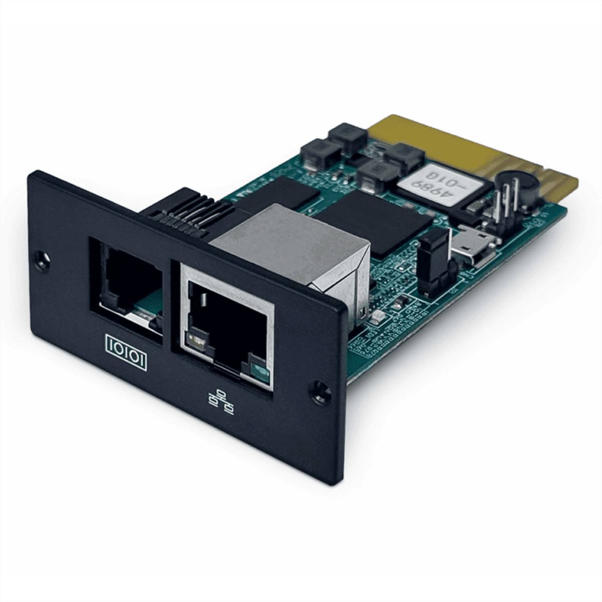 Ethernet-Netzwerkkarte mit schwarzer Frontplatte und zwei RJ45-Anschlüssen, dargestellt auf einer Leiterplatte.