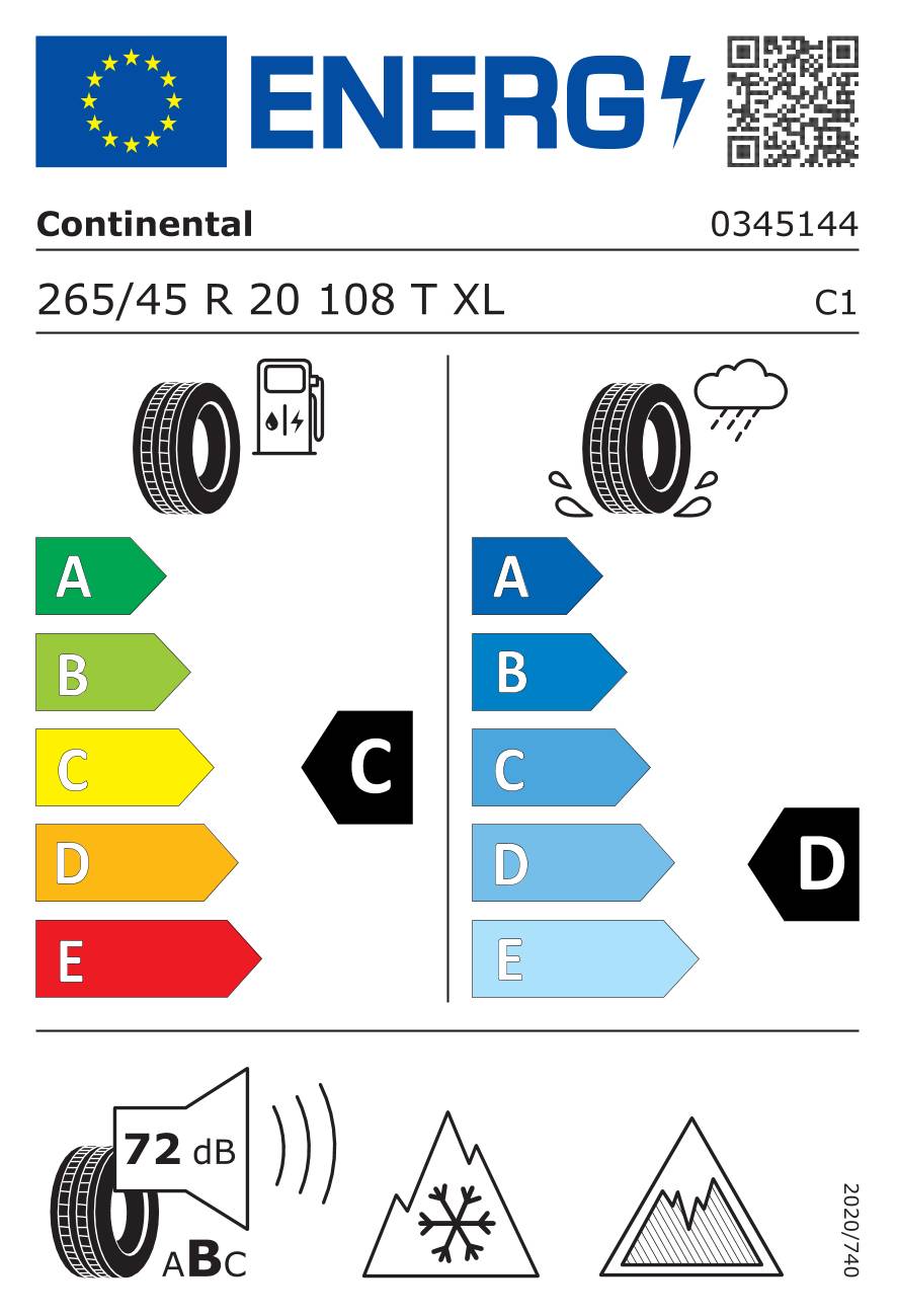 Energielabel für Continental-Reifen 265/45 R 20 108 T XL: Kraftstoffeffizienz C, Nasshaftung D, Lärm 72 dB, Winter-/Schnee-Symbole angezeigt.