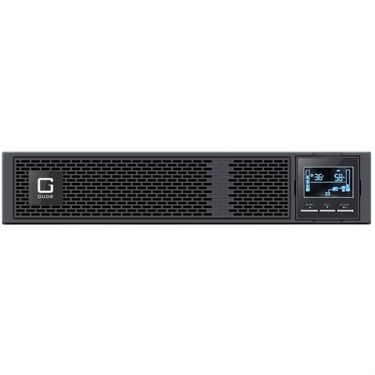 Vorderansicht eines schwarzen Rack-Mount-Guide-Geräts mit Gitter, Logo und digitaler Steuerungsanzeige auf der rechten Seite, die Statusanzeigen anzeigt.