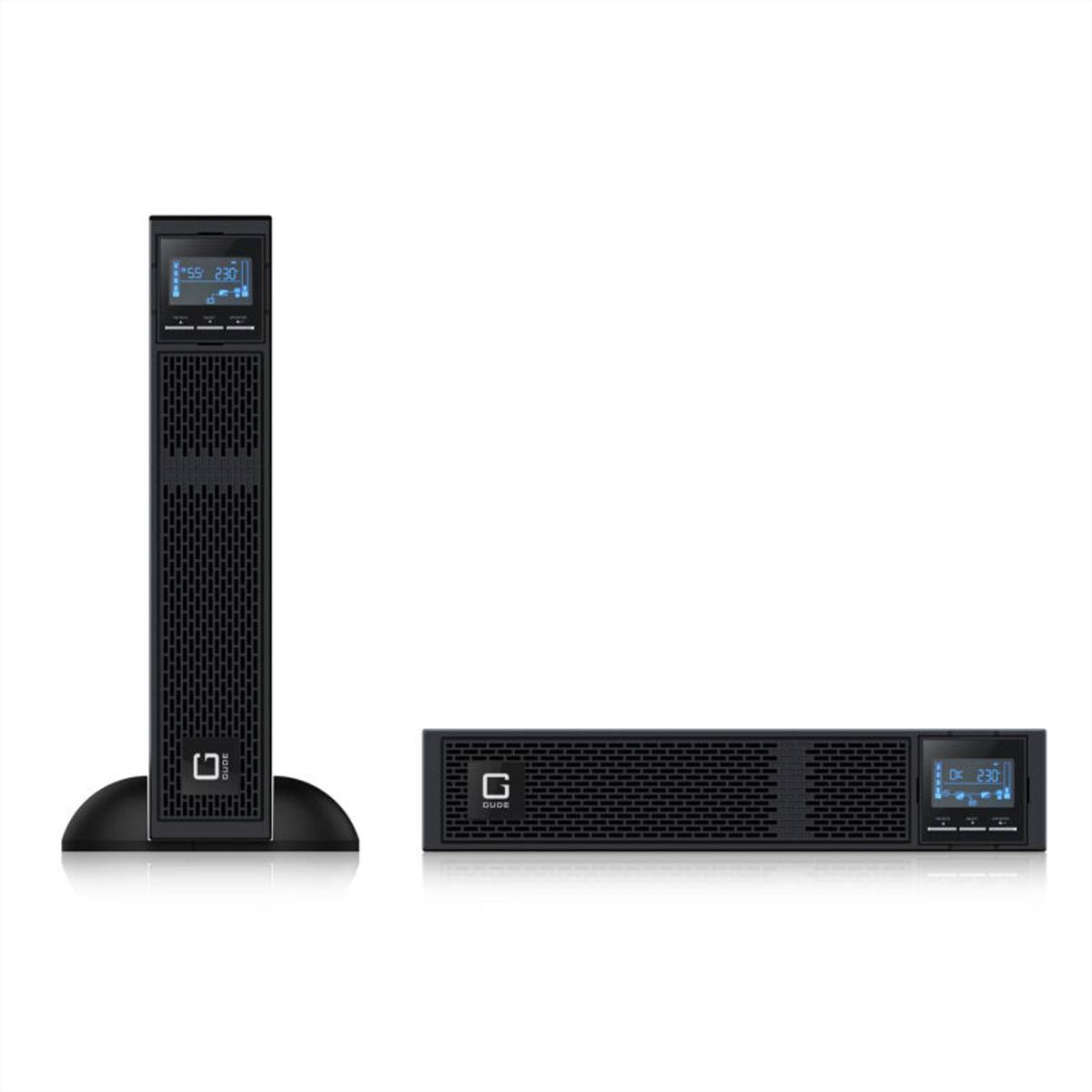 Black G-Technologie Rack-UPS in aufrechter und horizontaler Position dargestellt, mit vorderen Display-Bildschirmen und belüfteten Paneelen auf weißem Hintergrund.