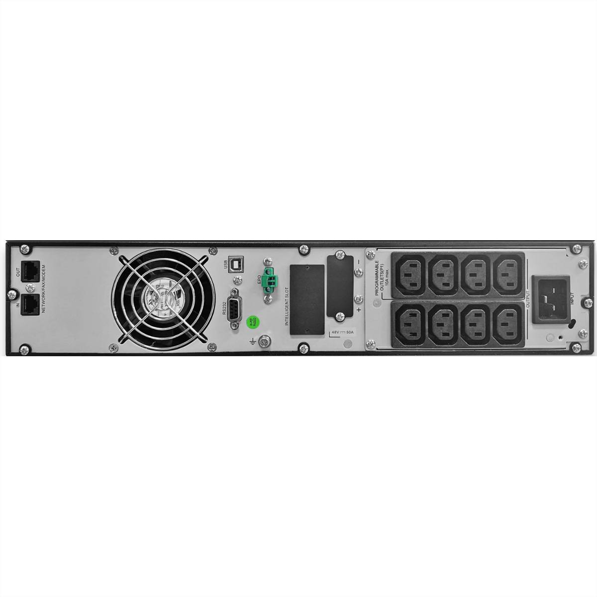 Rückseite einer unterbrechungsfreien Stromversorgung mit Kühlventilator, USB- und seriellen Anschlüssen sowie acht Steckdosen mit Stromeingang.