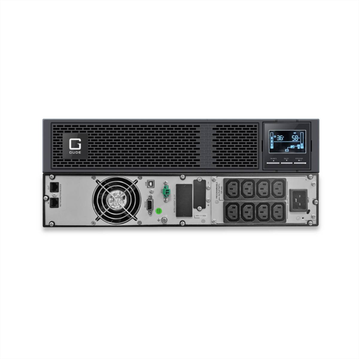 Vorderansicht eines Rack-UPS/Stromversorgungsgeräts mit Display, Kühlgebläse, Kommunikationsanschlüssen und mehreren Ausgangsbuchsen.