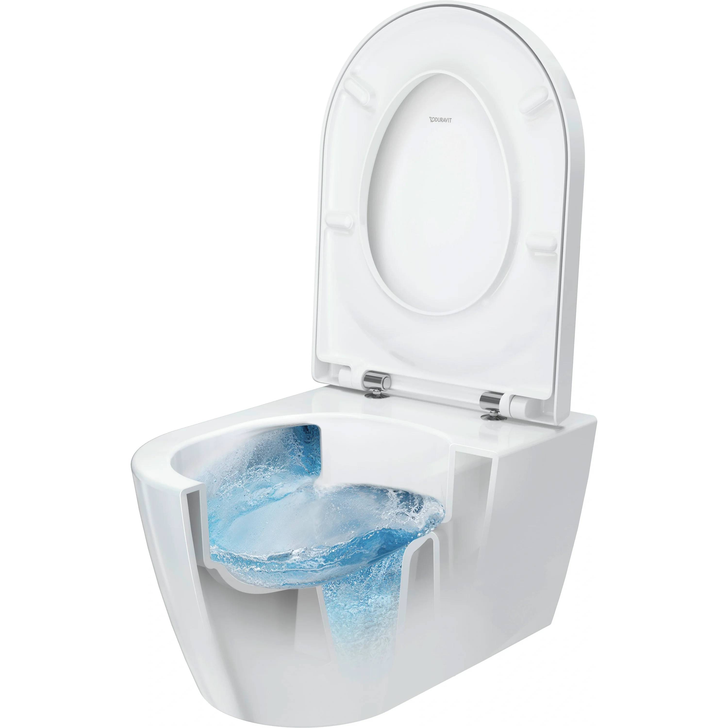 Schnittdarstellung einer modernen weißen Toilette, die einen wirbelnden blauen Wasserstrom in der Schüssel zeigt und die Spülwirkung veranschaulicht.