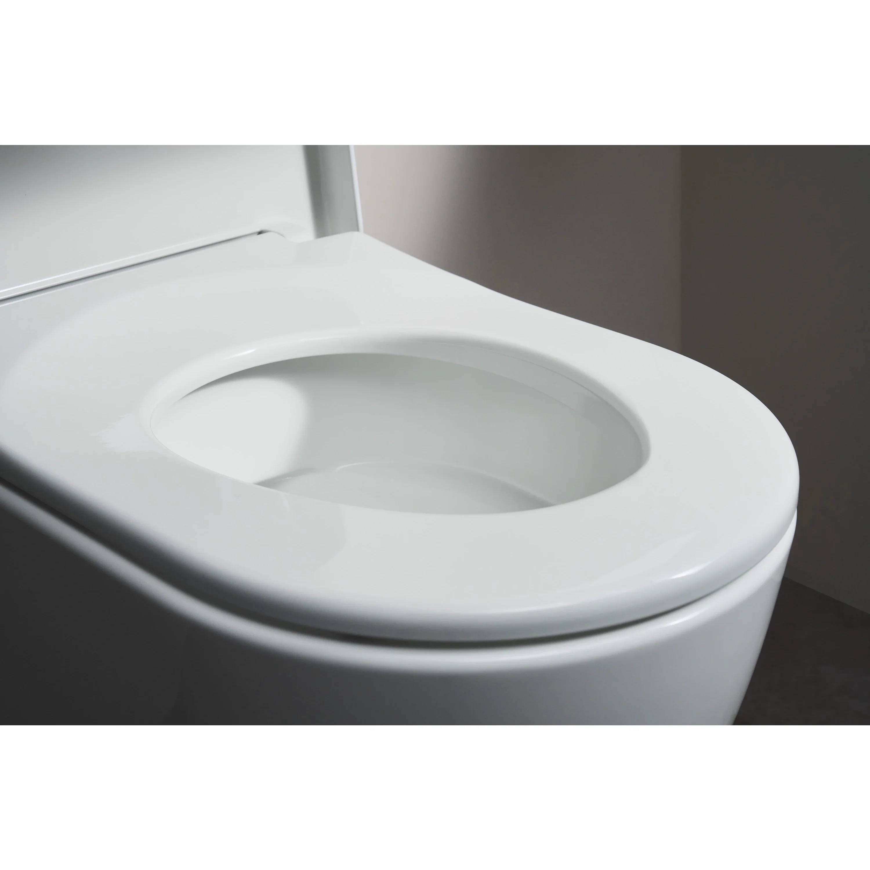 Nahaufnahme einer weißen Toilettenschüssel mit hochgeklapptem Deckel in einem Badezimmer.