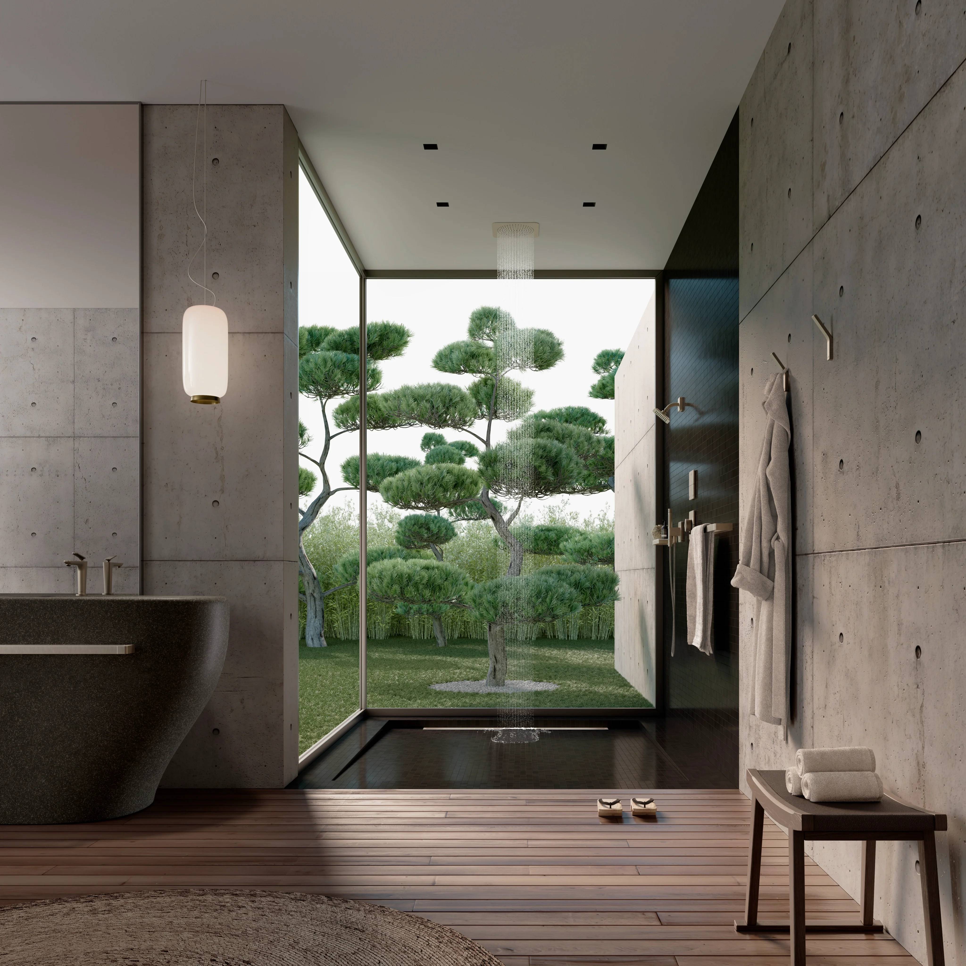 Modernes Badezimmer mit freistehender Badewanne, begehbarer Dusche und einem großen Fenster mit Blick auf einen gestalteten Garten mit geschnittenen Bäumen.