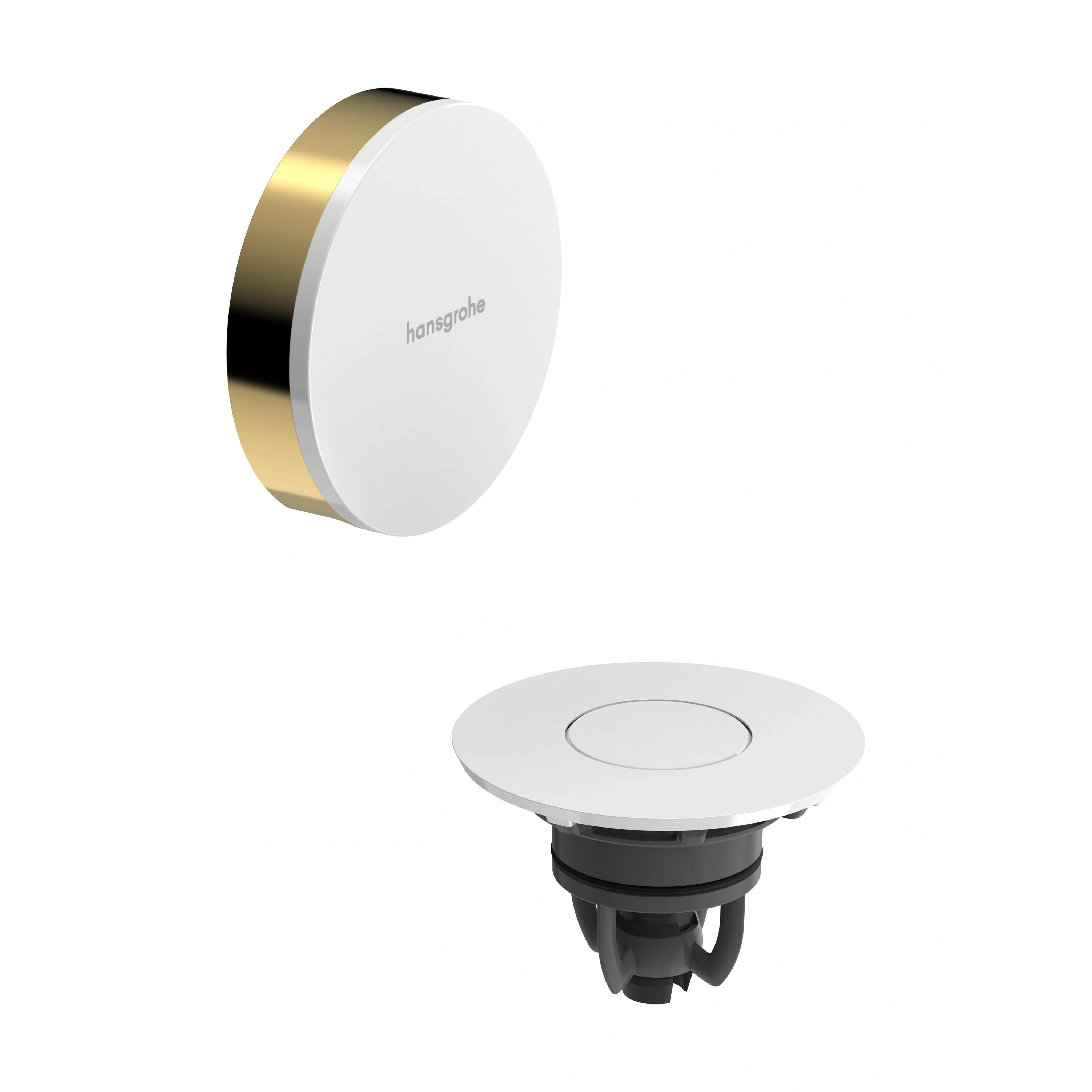 Hansgrohe-Ablaufblende und passendes Ablaufset in Weiß mit goldener Akzentleiste, auf neutralem Hintergrund gezeigt.