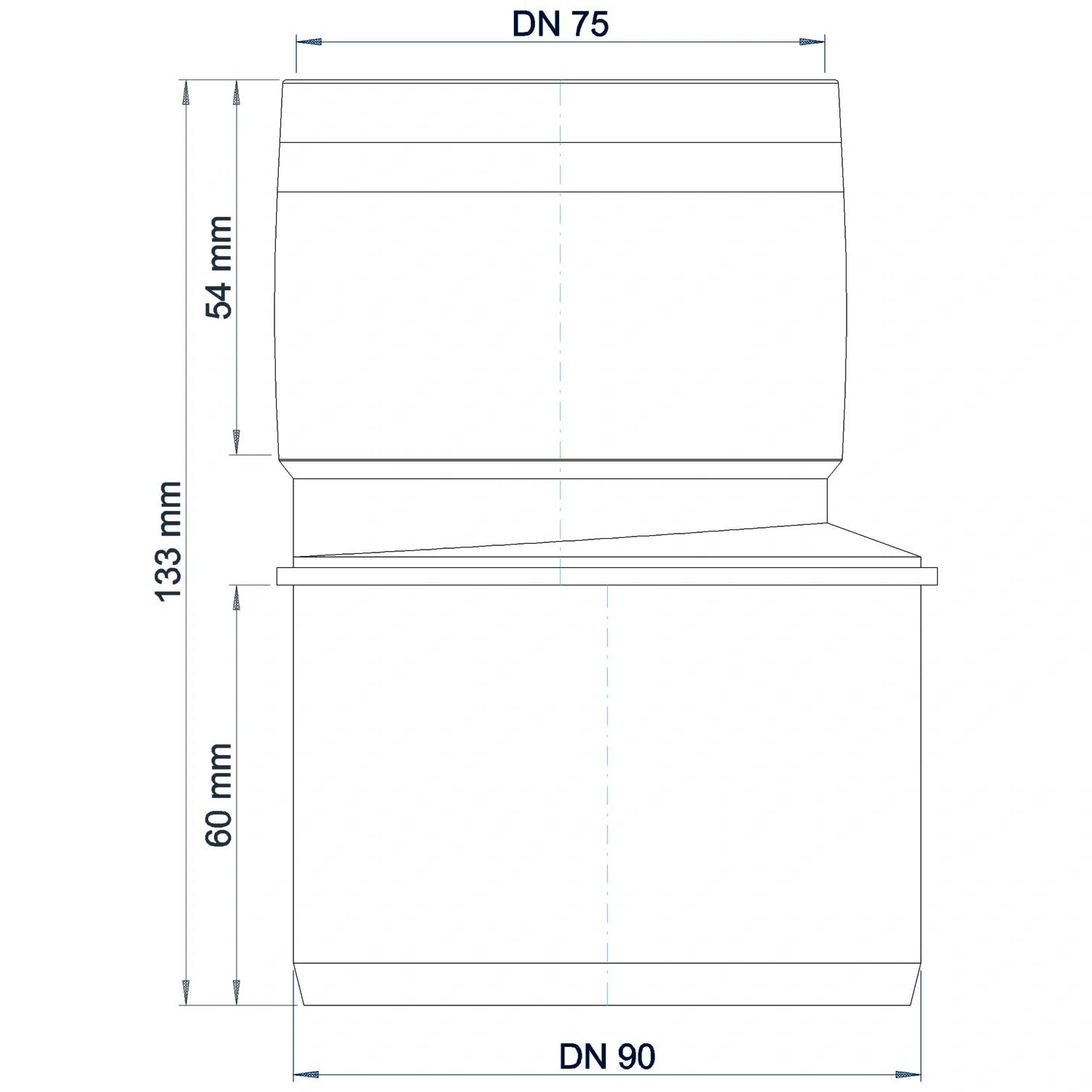 Technische Maßzeichnung einer zylindrischen Verschraubung, oben mit DN 75 beschriftet und unten mit DN 90, mit angegebenen Höhen von 54 mm, 133 mm und 60 mm.
