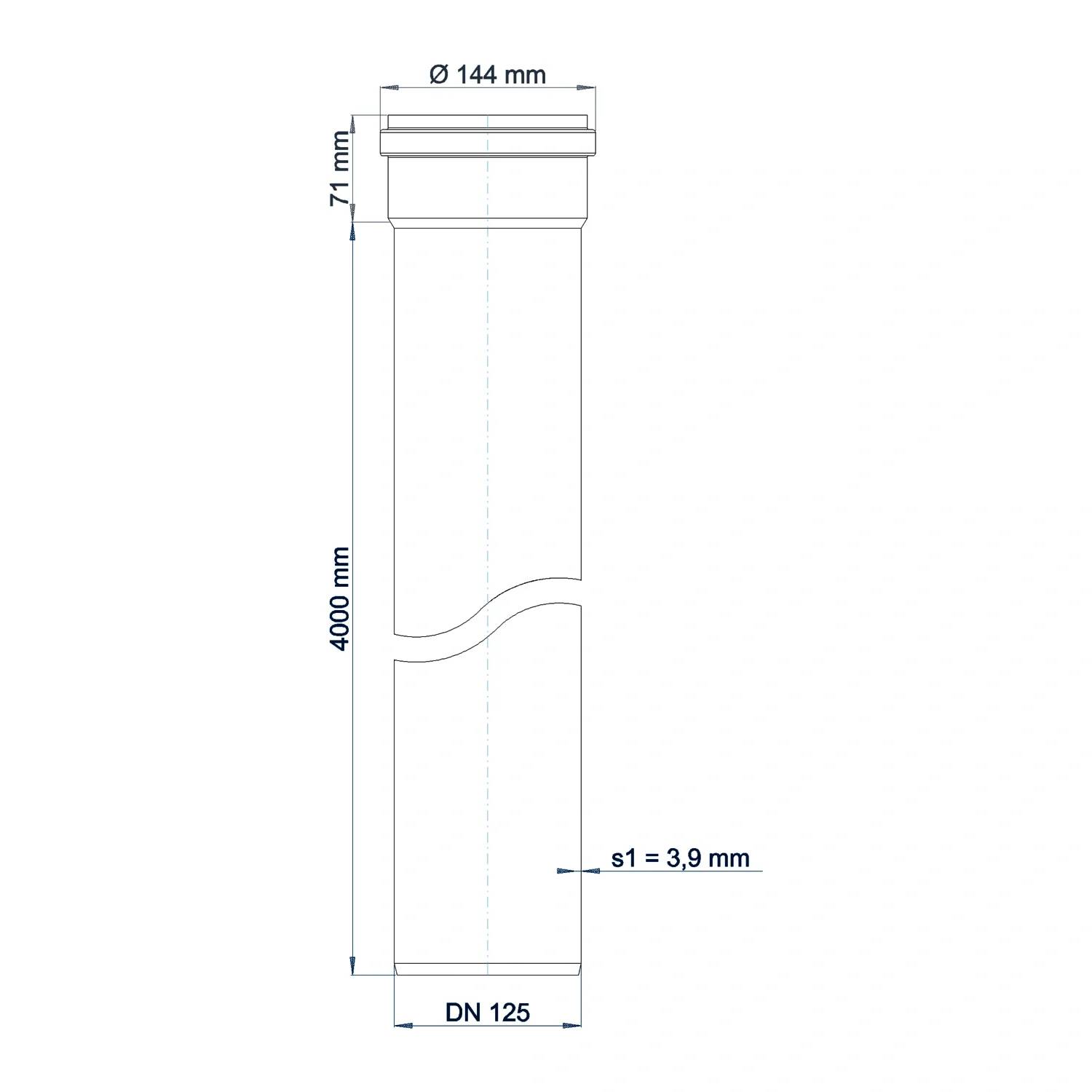 Technische Zeichnung eines zylindrischen Rohr- oder Kanalabschnitts mit der Bezeichnung DN 125, 4000 mm Länge, 144 mm Oberdurchmesser, 71 mm Oberabschnitt und 3,9 mm Wanddicke.