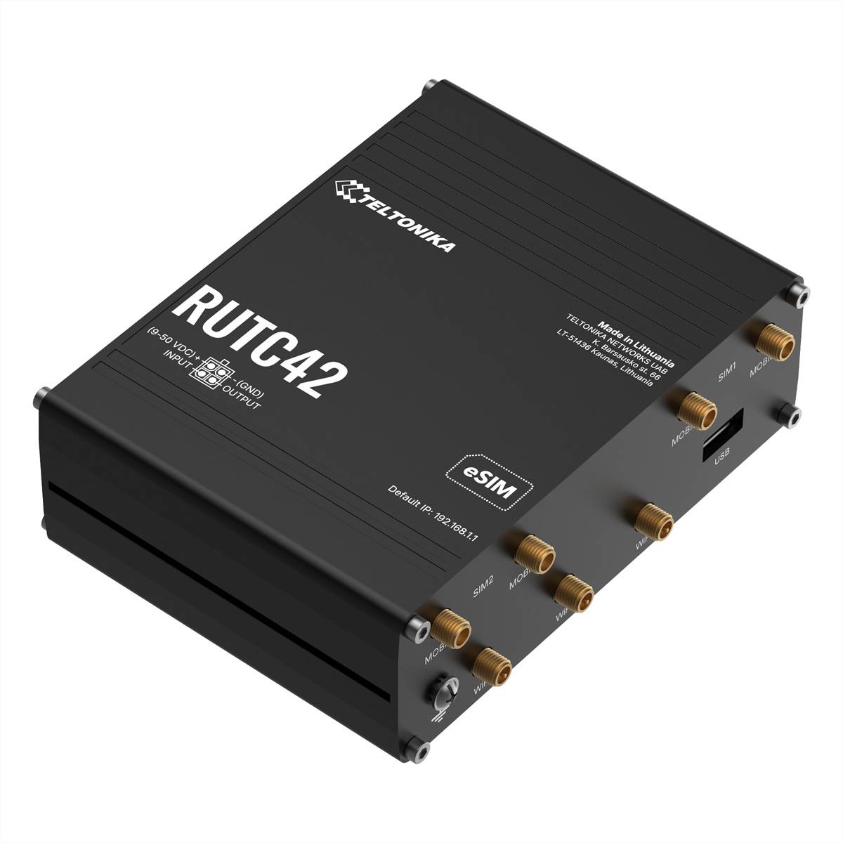 Teltonika RUT240 Industrial-Router-Modem mit mehreren Antennenanschlüssen und Ethernet-Anschlüssen in schwarzem Gehäuse.