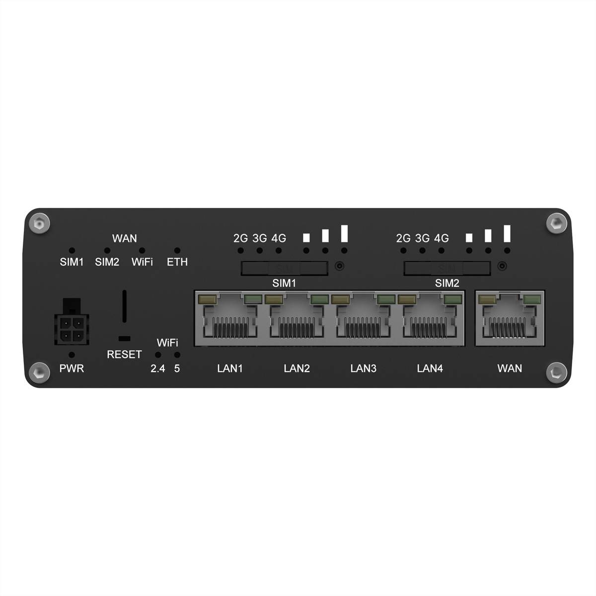Vorderansicht eines Dual-SIM-Wireless-Router-/Modem-Backpanels mit Power-, Reset-, WiFi-, SIM-, LAN1-LAN4- und WAN-Anschlüssen sowie 2G/3G/4G-Status-LEDs.
