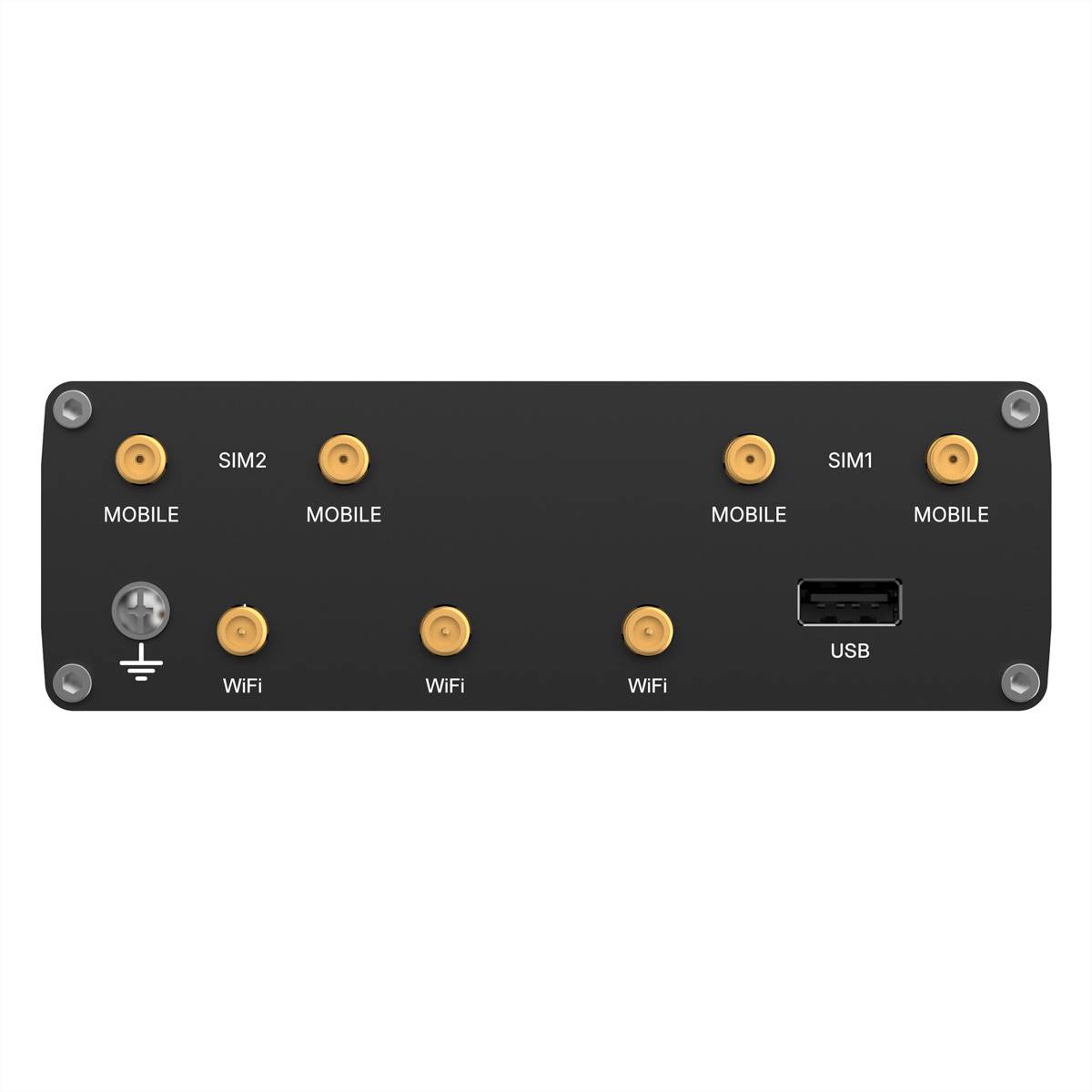Schwarzes Modem-/Router-Frontpanel mit beschrifteten SIM1- und SIM2-Anschlüssen, vier MOBILE-Antennenports, drei WIFI-Ports, einem USB-Port und einem Erdungssymbol.