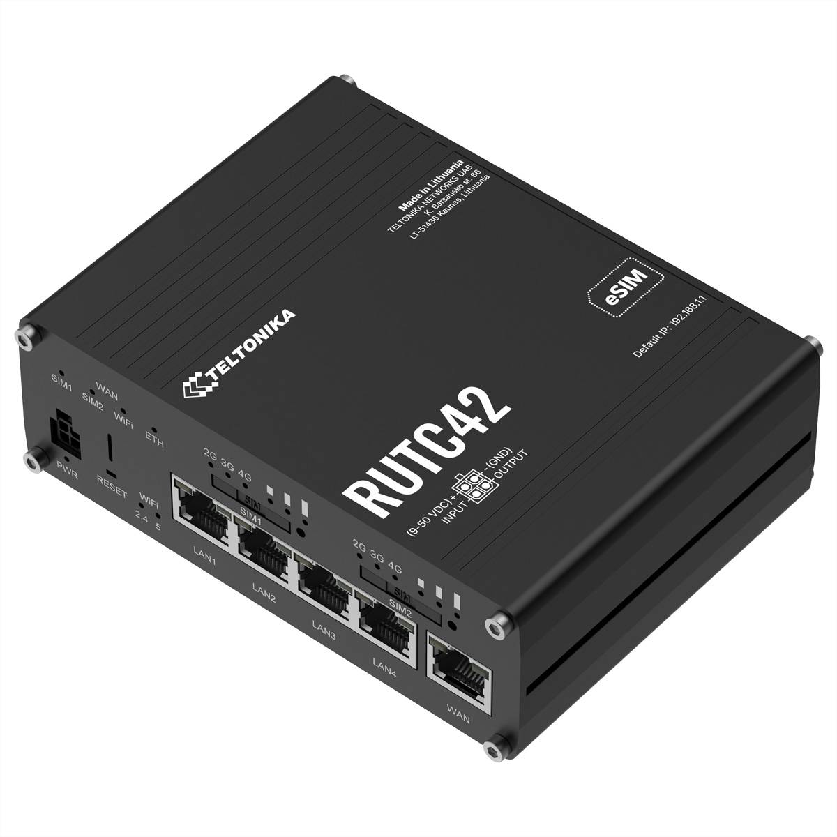 Teltonika RUTC42 Industrie-Router mit mehreren Ethernet-Anschlüssen und SIM-Kartensteckplätzen, gezeigt in einem schwarzen Metallgehäuse.