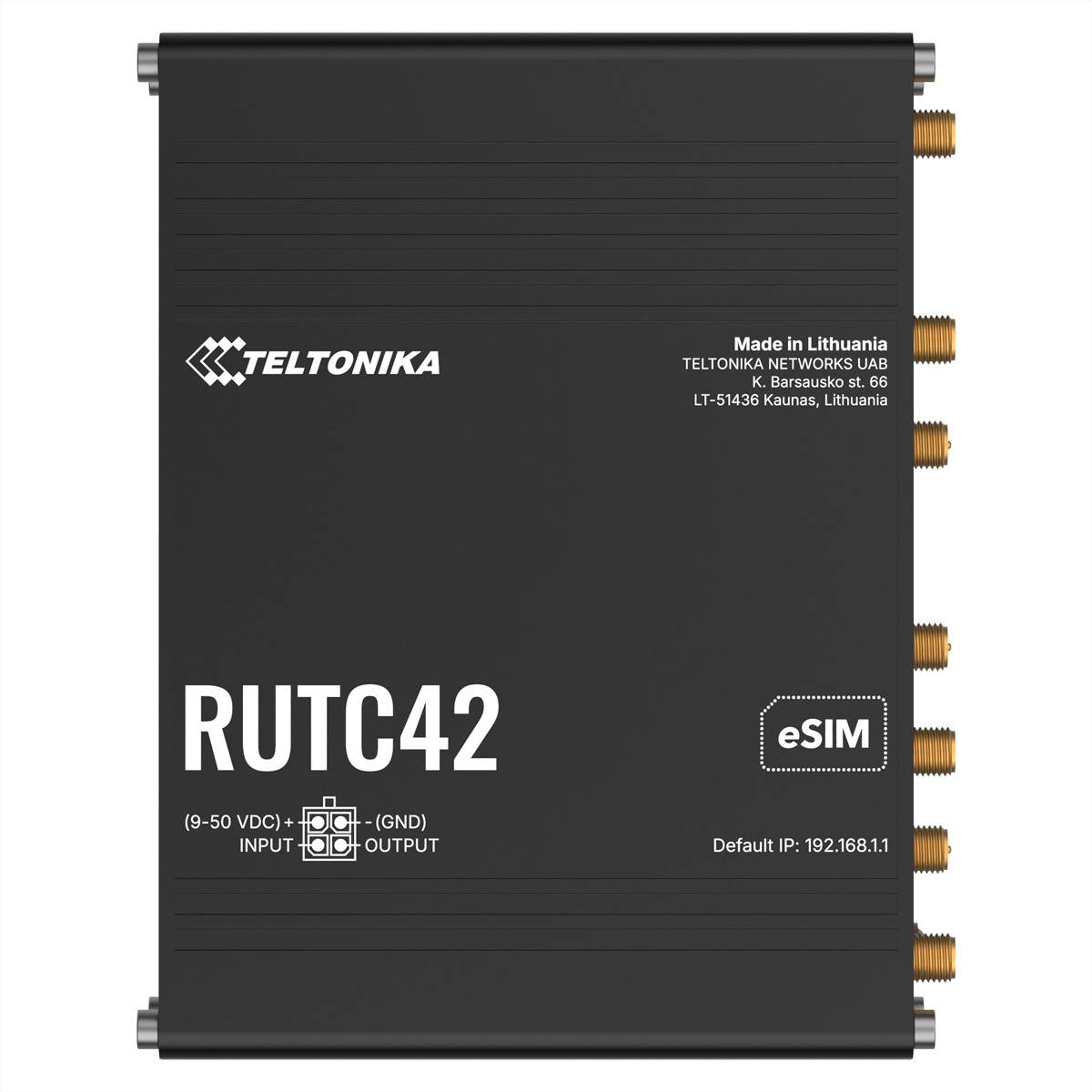 Teltonika RUTC42 Industrie-Router mit eSIM, gekennzeichnet mit 9-50V DC Ein-/Ausgang und Standard-IP 192.168.1.1, dargestellt in Vorderansicht mit seitlichen Antennen/Anschlüssen.
