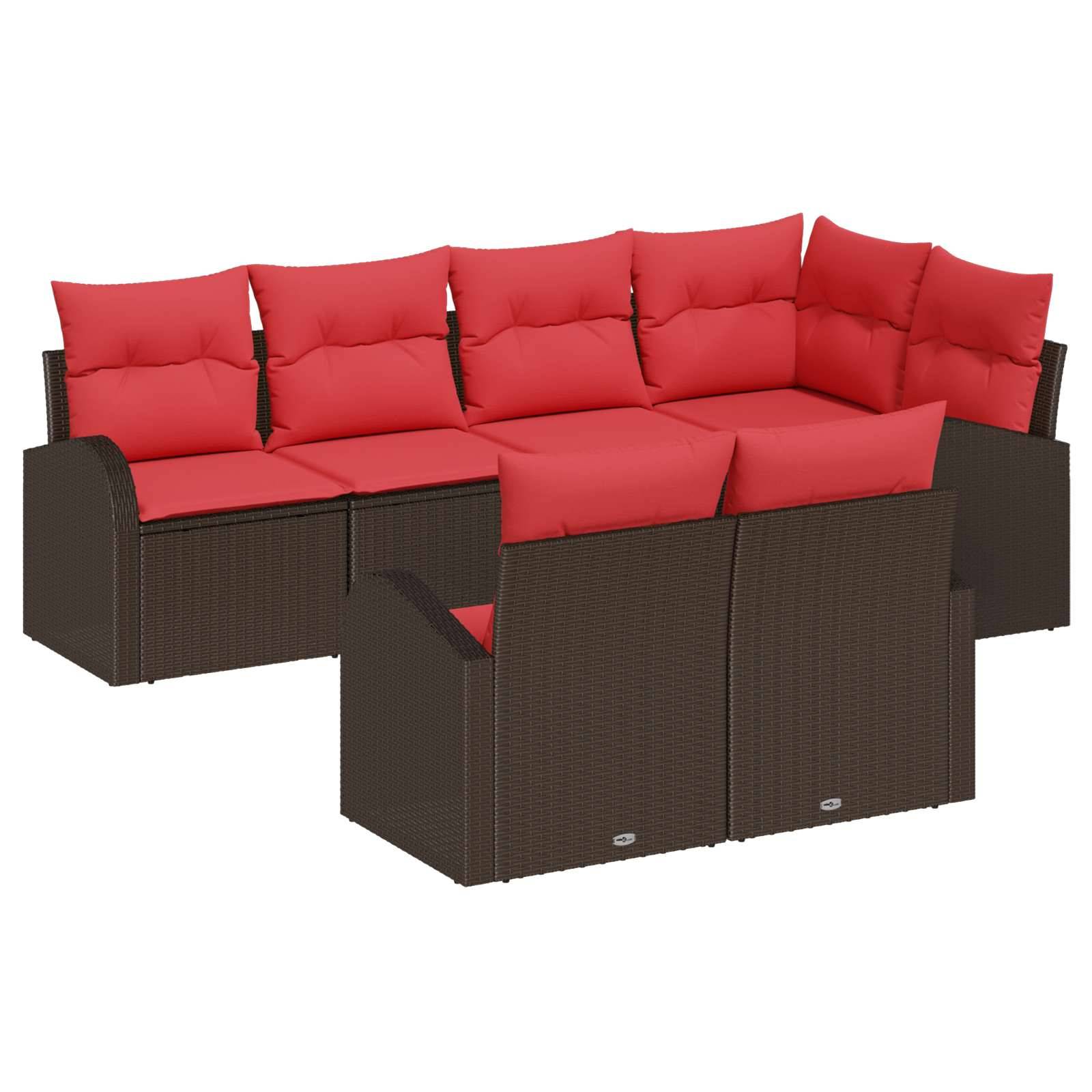 vidaXL Garten-Sofa-Set mit Kissen 7 pcs Braun und Rot Poly-Rattan