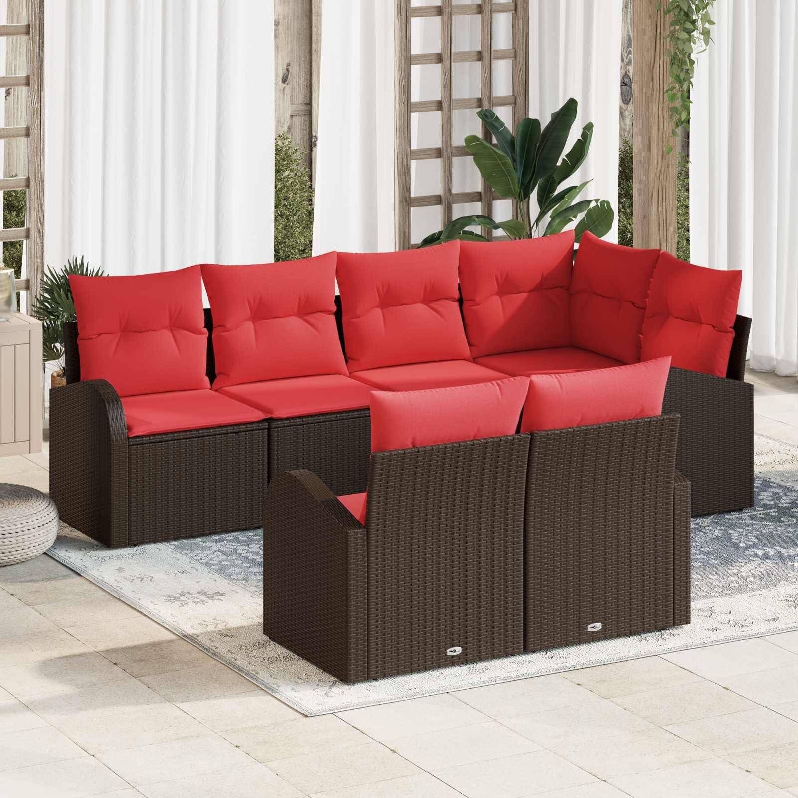 vidaXL Garten-Sofa-Set mit Kissen 7 pcs Braun und Rot Poly-Rattan