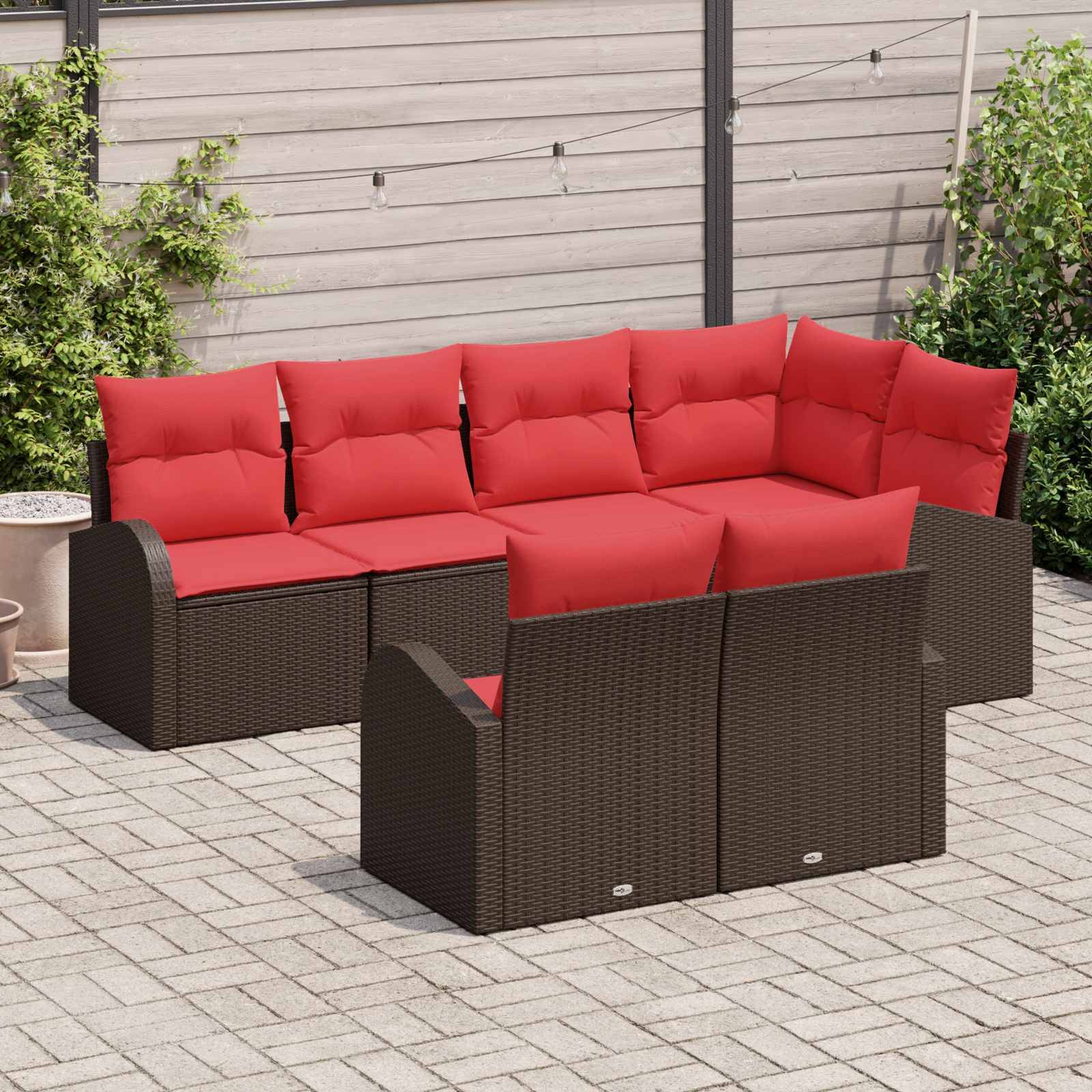 vidaXL Garten-Sofa-Set mit Kissen 7 pcs Braun und Rot Poly-Rattan
