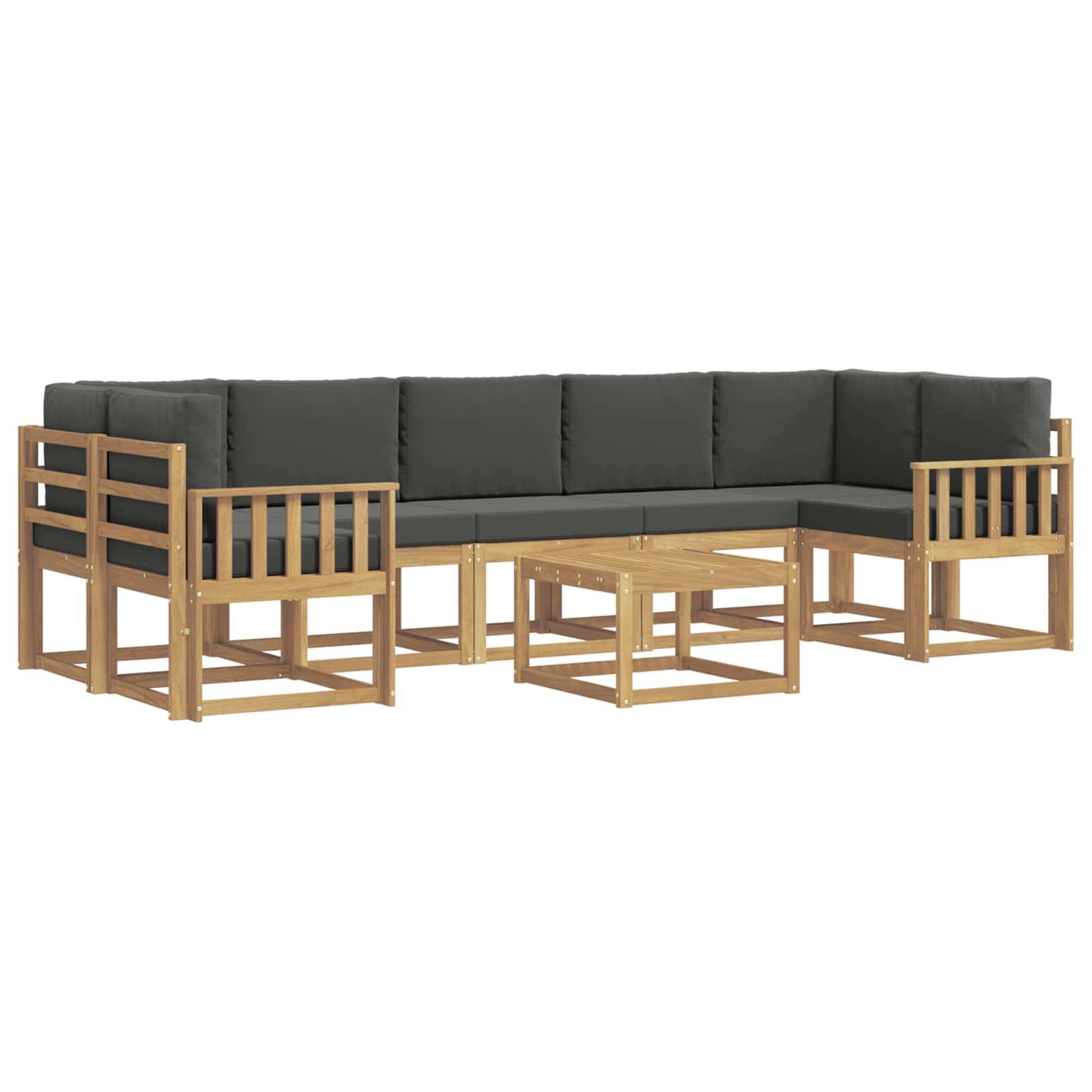 L-förmiges Outdoor-Ecksofa mit dunklen Kissen und hellem Holzrahmen, gezeigt mit passendem Couchtisch auf weißem Hintergrund.