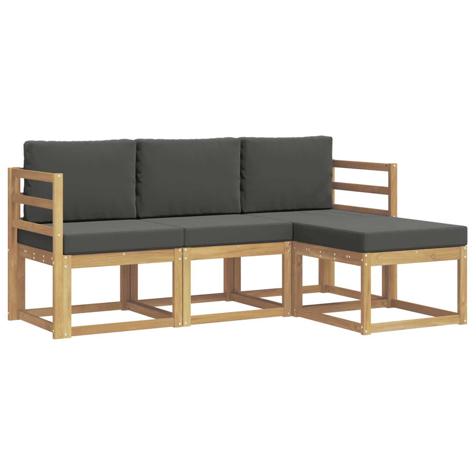 Modulares graues Polstersofa mit hellem Holzrahmen und Récamiere auf der rechten Seite, auf weißem Hintergrund dargestellt.