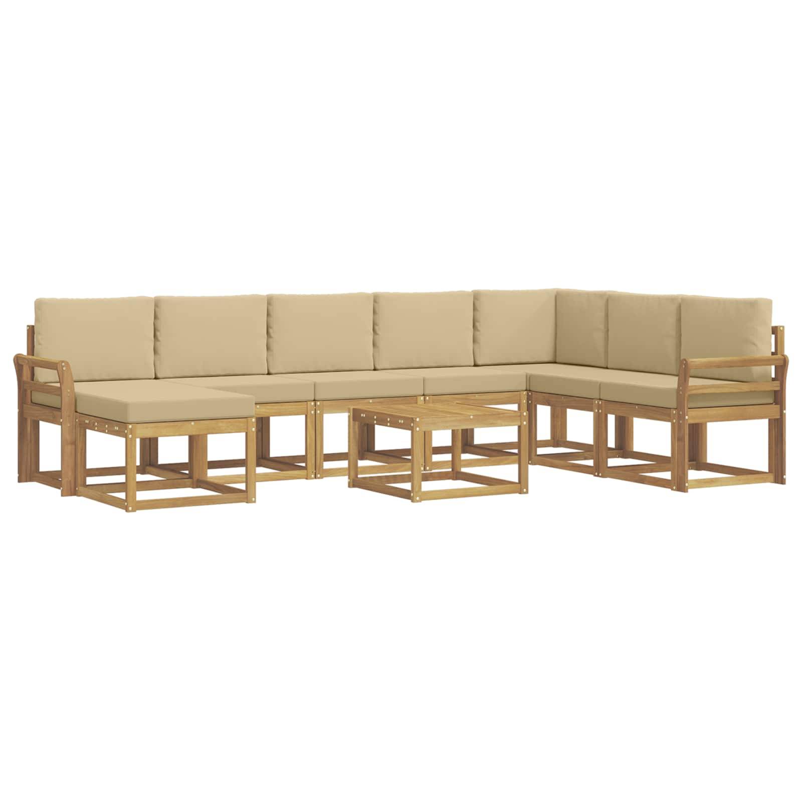 Beiges L-förmiges Outdoor-Sofa mit Holzrahmen und passendem quadratischem Couchtisch auf weißem Hintergrund.