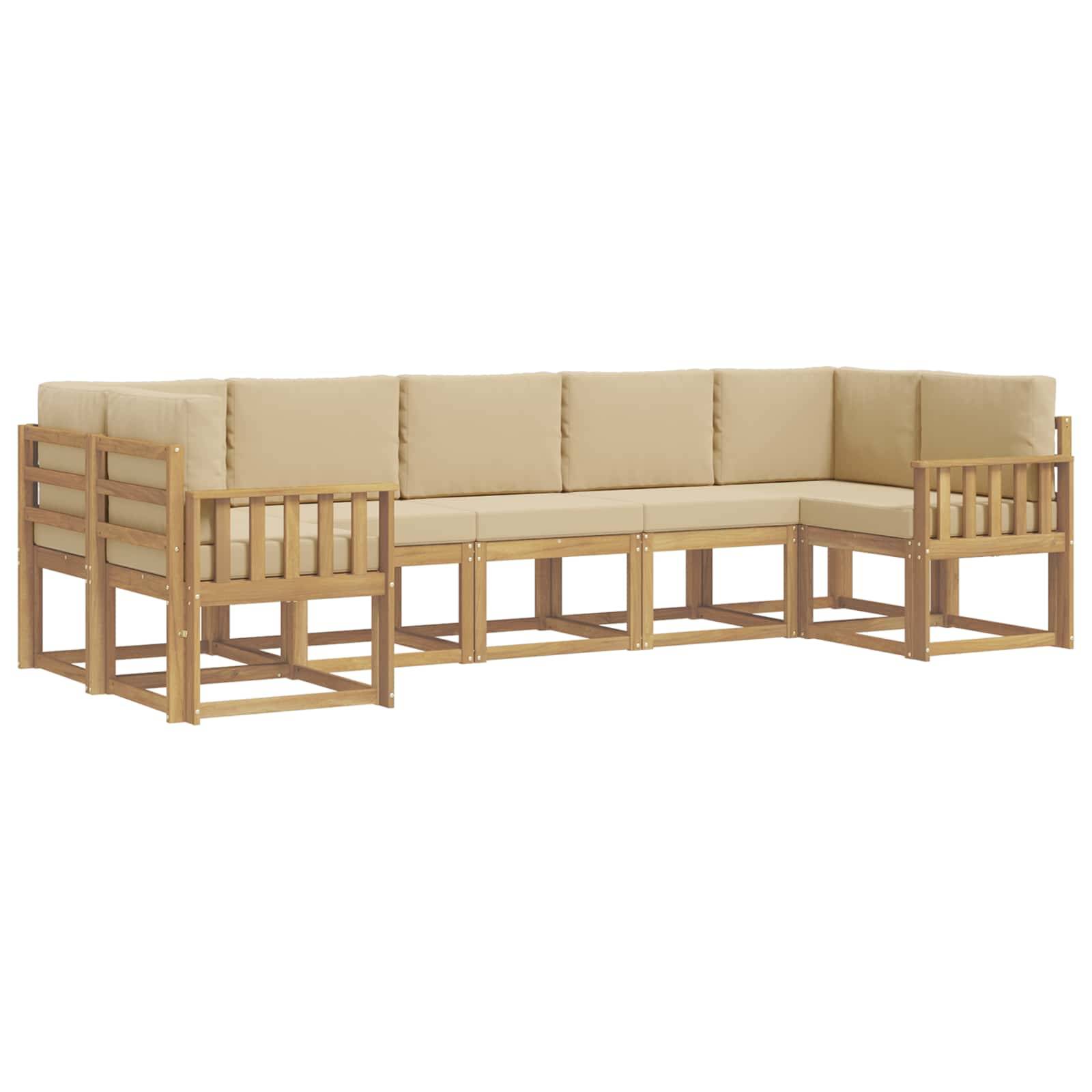 Beige gepolstertes L-förmiges Außen-Sitzkissen-Sofa mit hellem Holzrahmen und lamellierter Rückenlehne auf weißem Hintergrund.