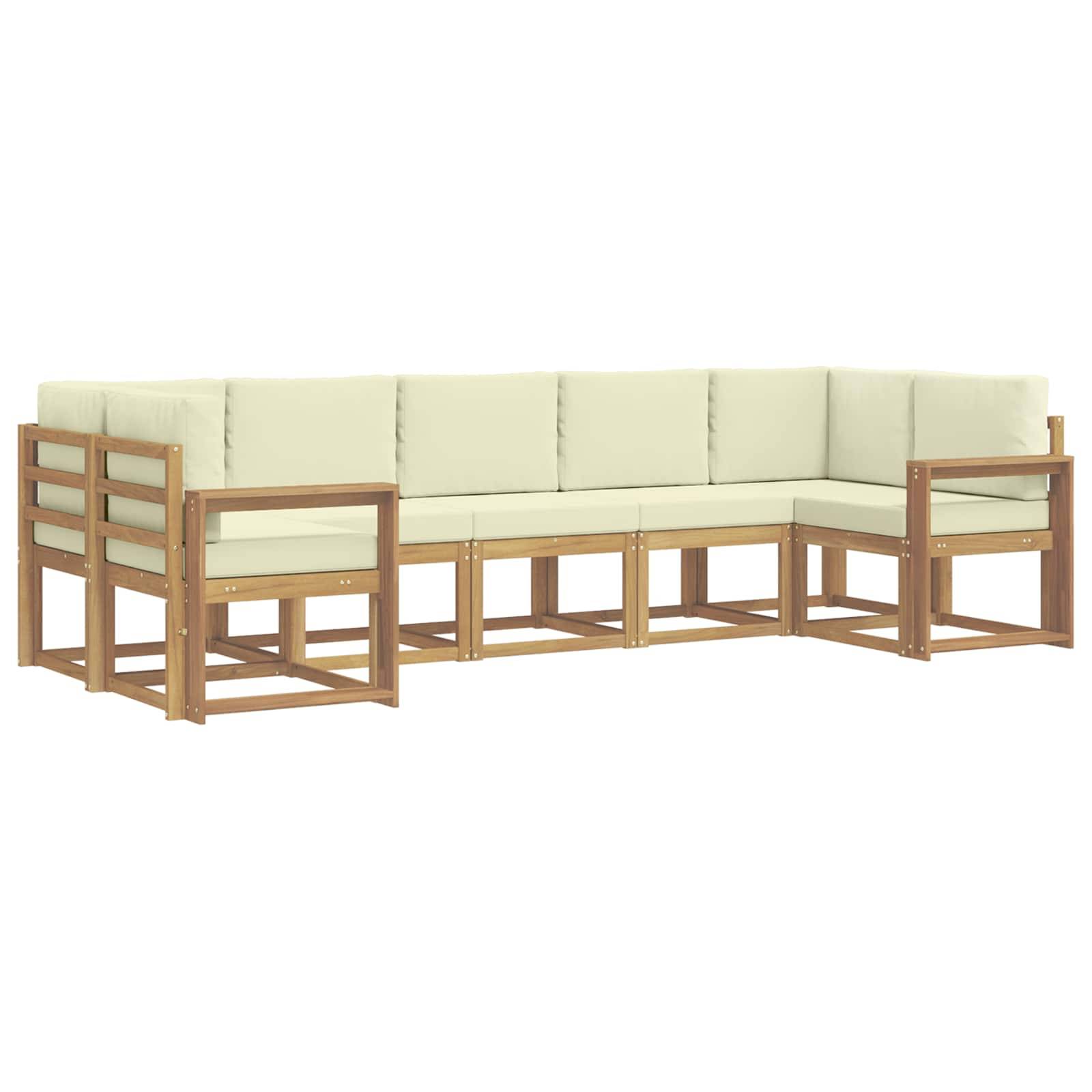 L-förmiges Außen-Ecksofa mit hellen Kissen und Holzrahmen, gezeigt auf weißem Hintergrund.
