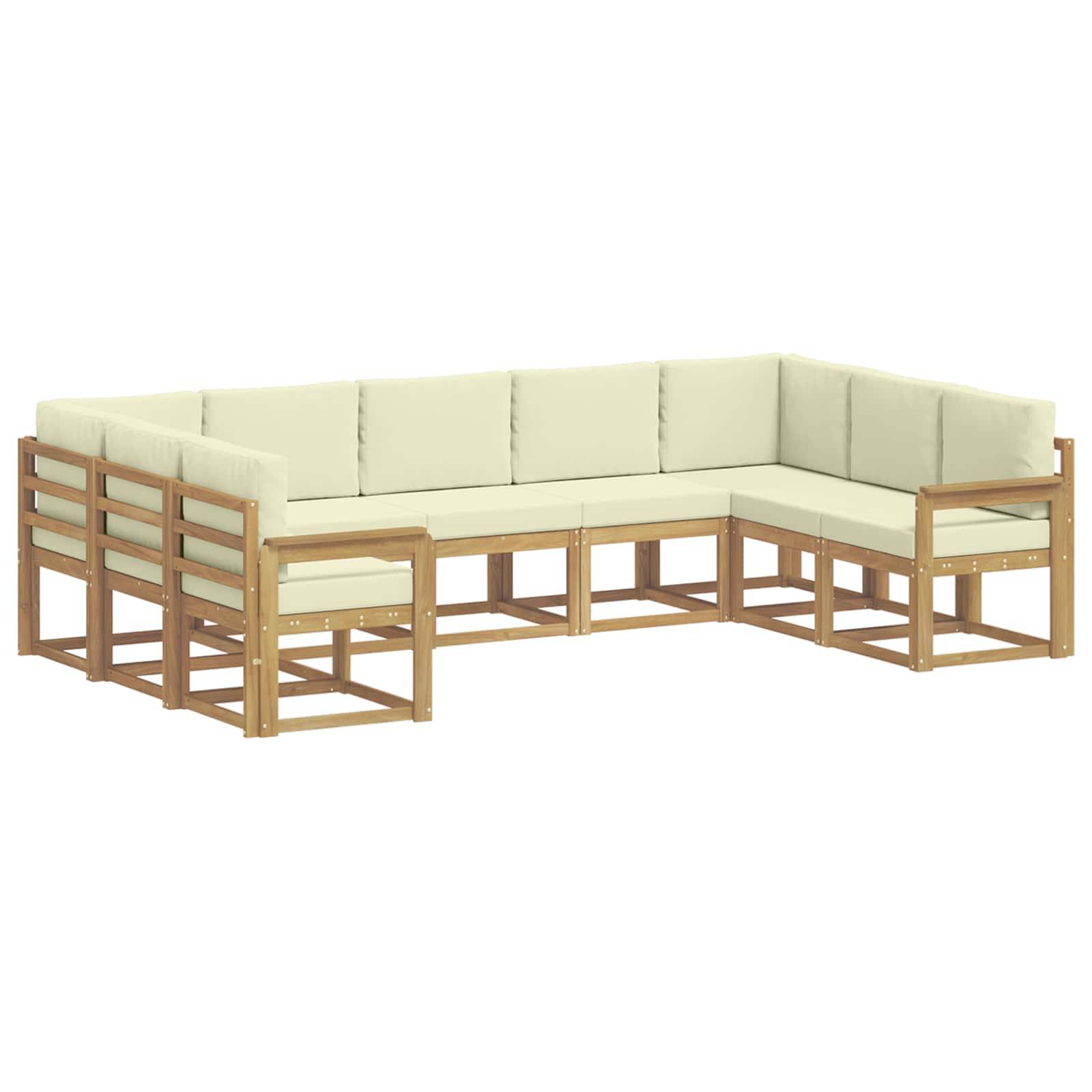 Schmetterlings-förmiges Outdoor-Ecksofa mit hellen Kissen und Holzrahmen auf weißem Hintergrund