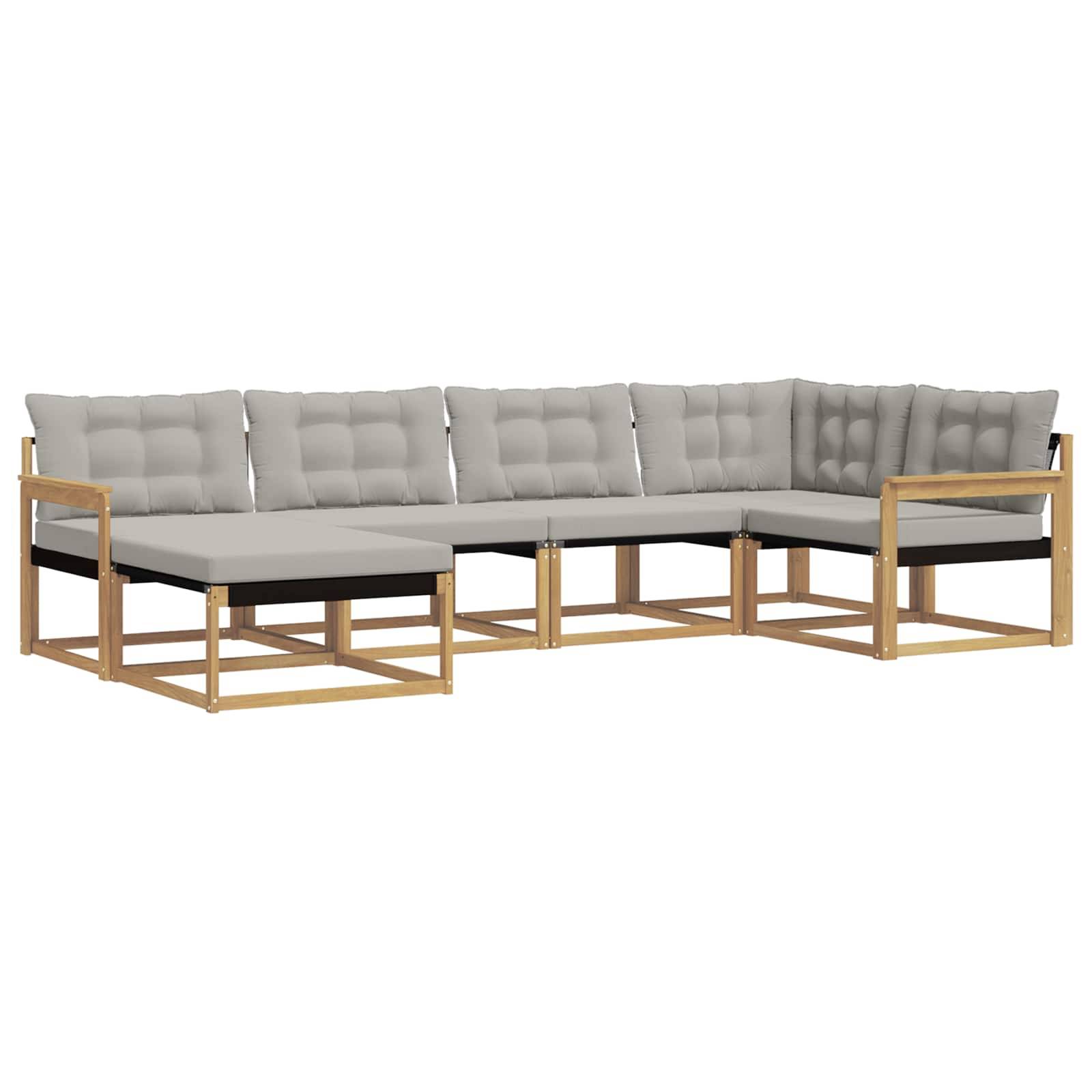 L-förmiges Outdoor-Ecksofa mit hellgrauen Kissen und Holzrahmen auf weißem Hintergrund.