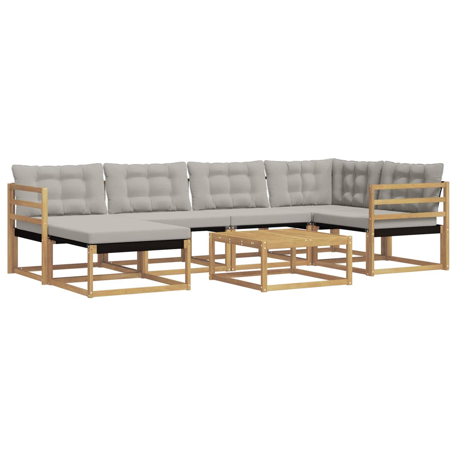 Hellgraues Outdoor-Ecksofa mit Holzrahmen und passendem Couchtisch auf weißem Hintergrund.