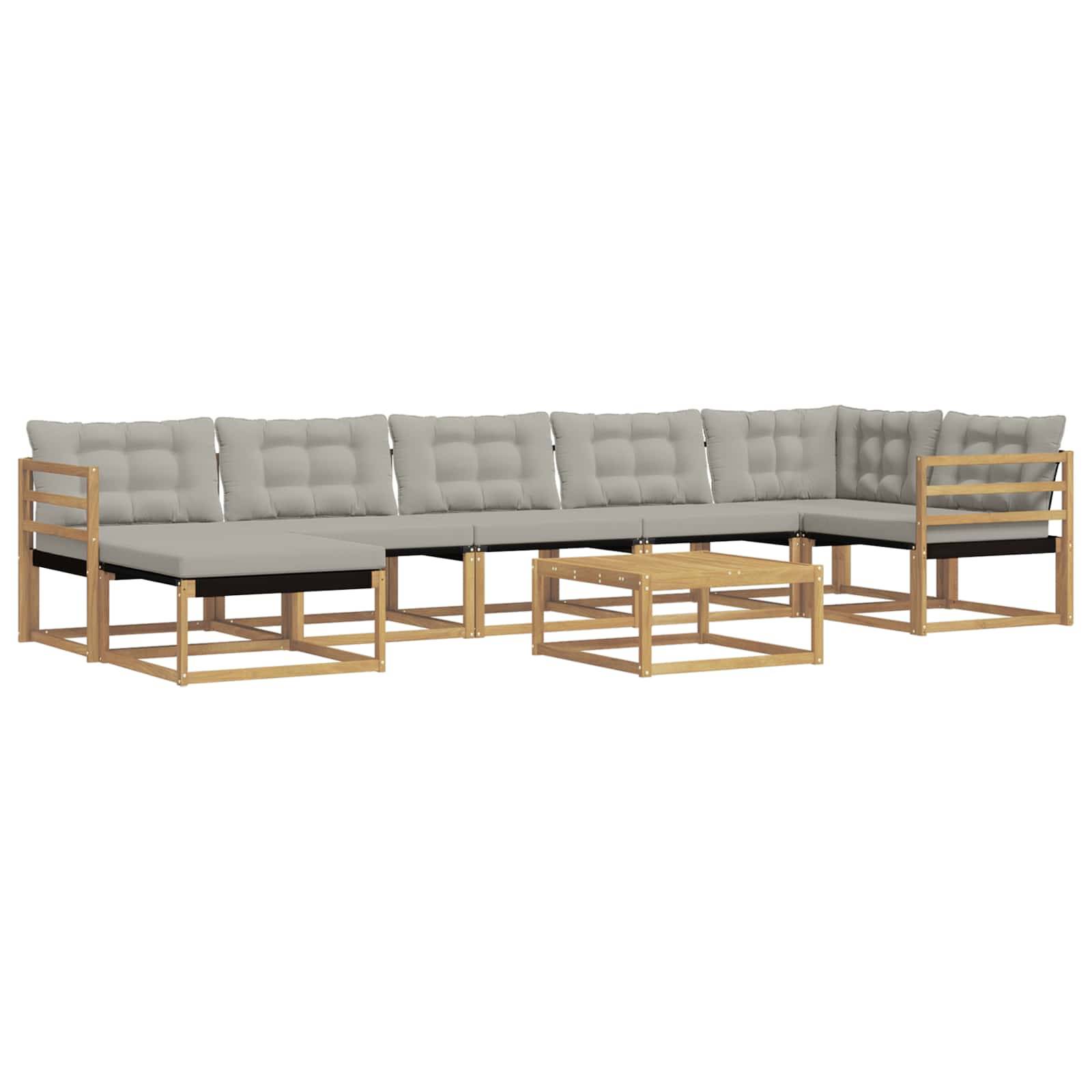 Modernes beiges L-förmiges Ecksofa mit Holzrahmen und passendem Couchtisch auf weißem Hintergrund.