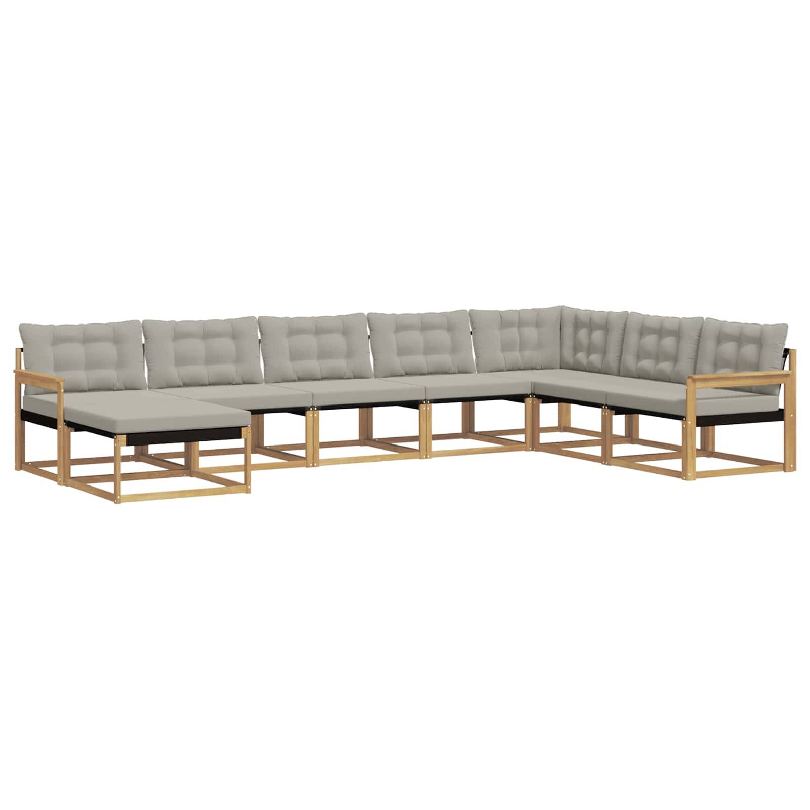 L-förmiges Outdoor-Ecksofa mit grauen Kissen und Holzrahmen, auf weißem Hintergrund abgebildet.