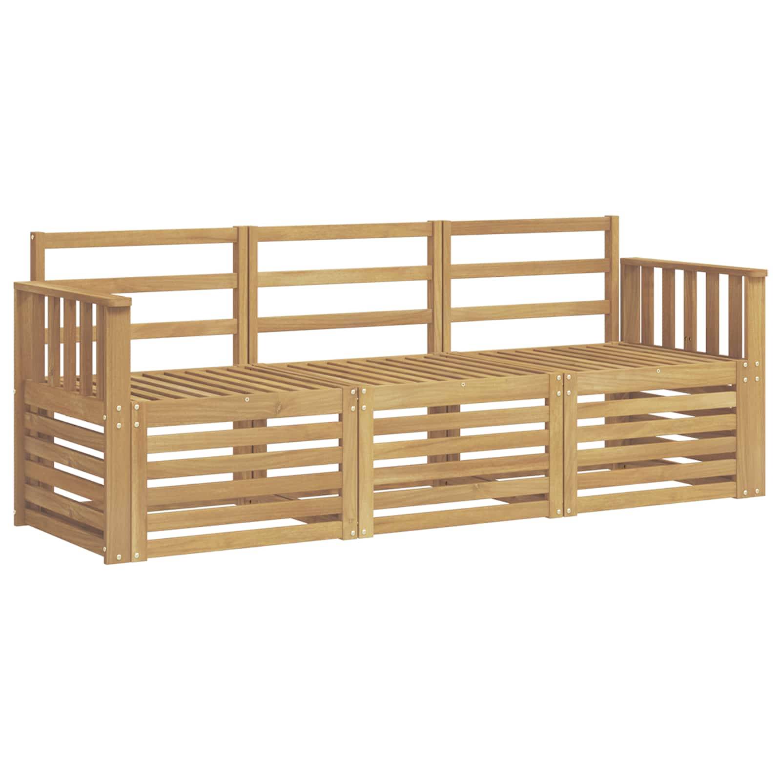 Holz-Außenlagerbank mit Lamellenseiten, Rückenlehne und Sitz, entworfen als lange Sitz-/Lagerfläche.