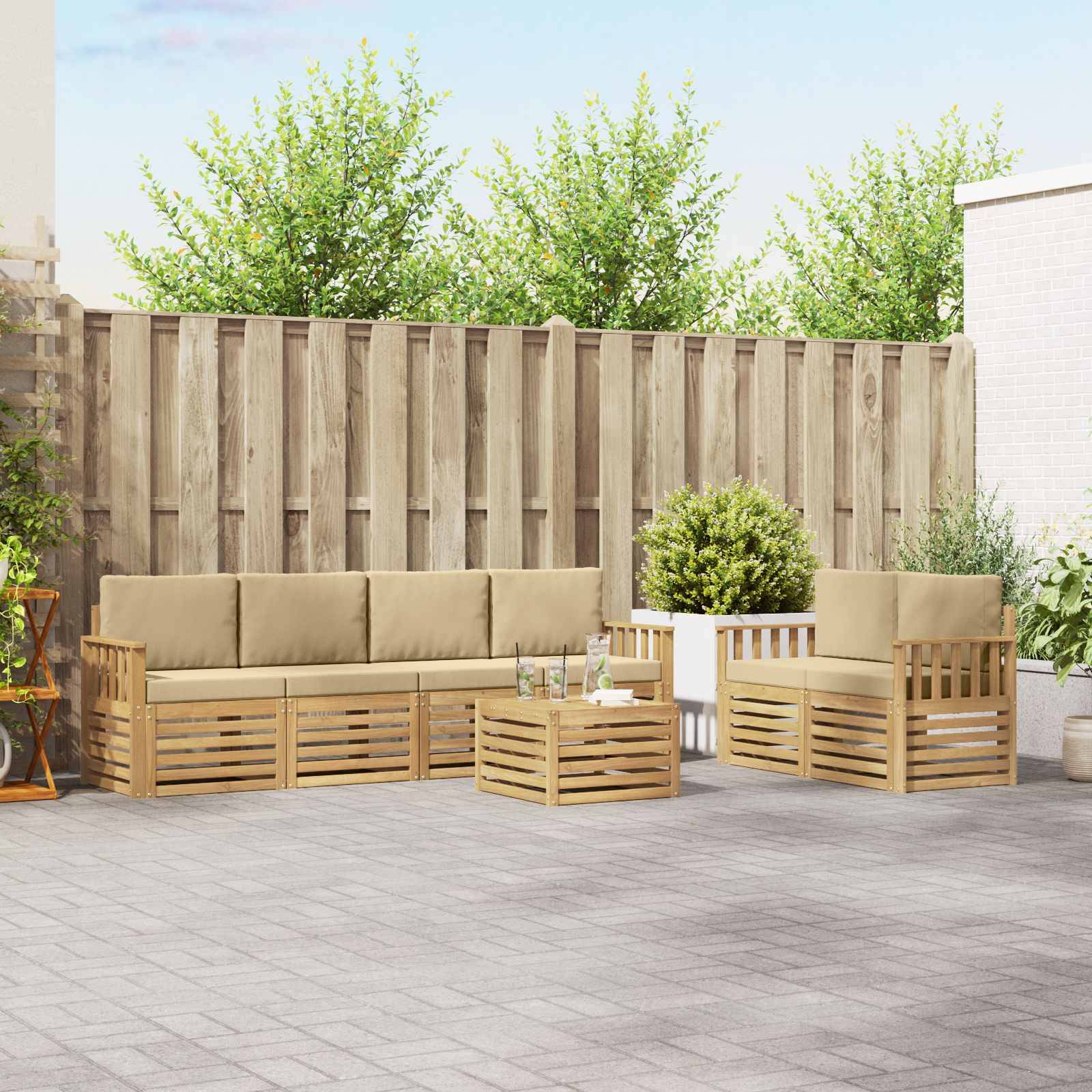 vidaXL Outdoor-Sofagarnitur mit Kissen 7 pcs Weiß und Beige Polyester