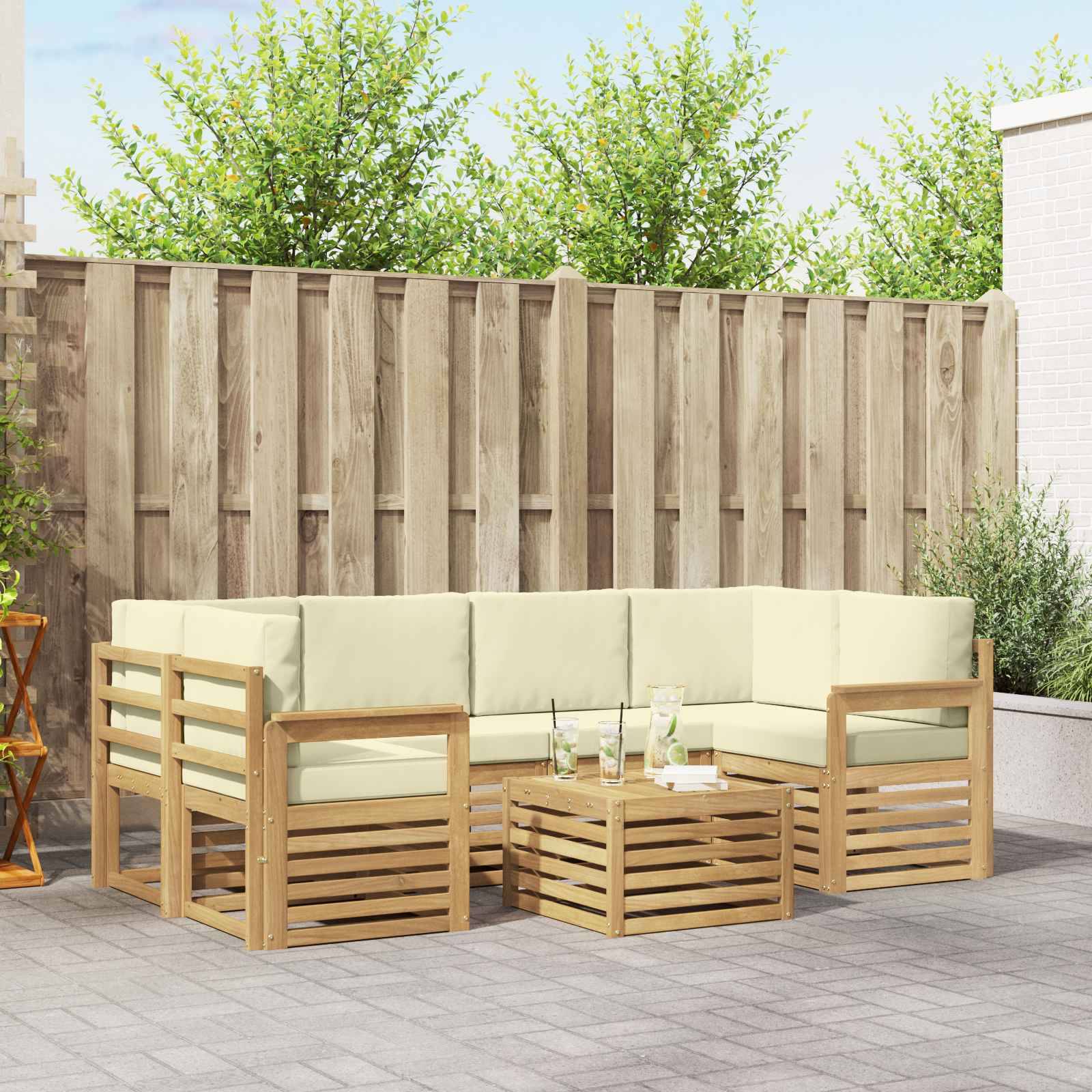 vidaXL Outdoor-Sofagarnitur mit Kissen 7 pcs Weiß und Creme Polyester
