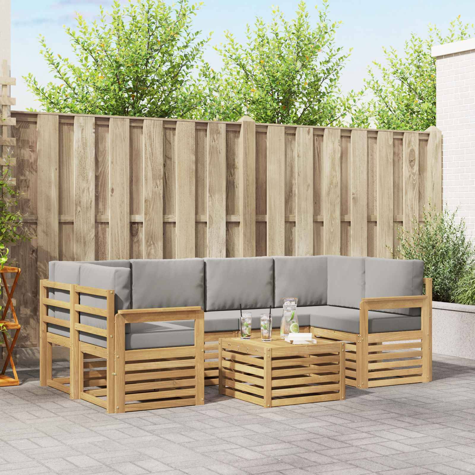 vidaXL Outdoor-Sofagarnitur 7 pcs Weiß und Hellgrau Polyester