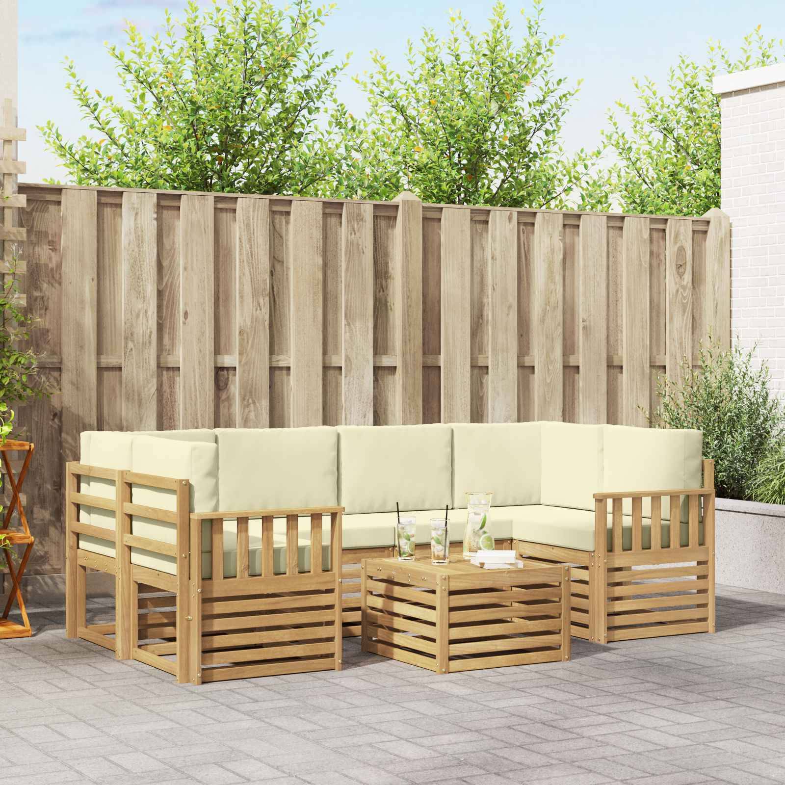 vidaXL Outdoor-Sofagarnitur mit Kissen 7 pcs Weiß und Creme Polyester