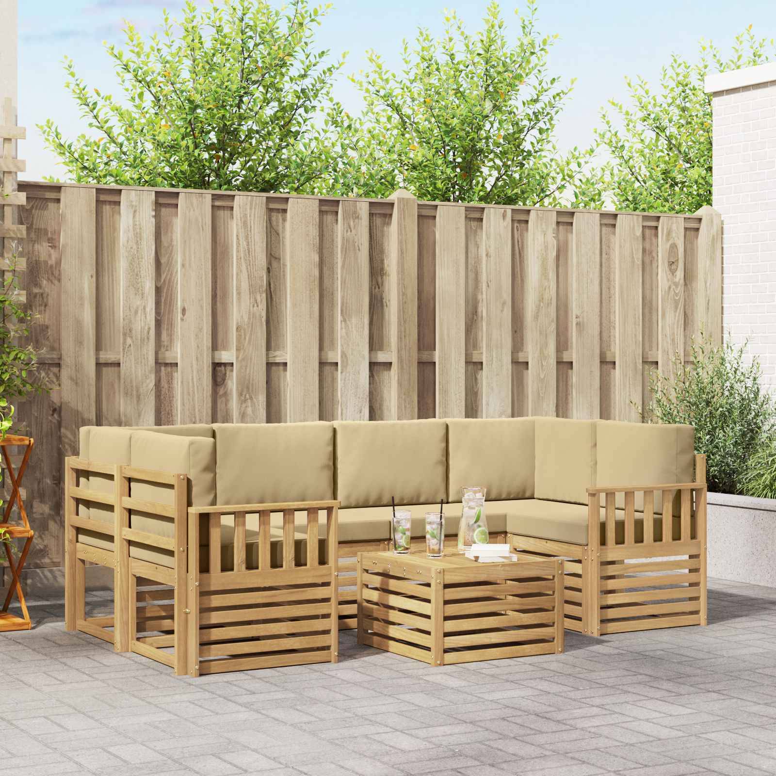 vidaXL Outdoor-Sofagarnitur mit Kissen 7 pcs Weiß und Beige Polyester