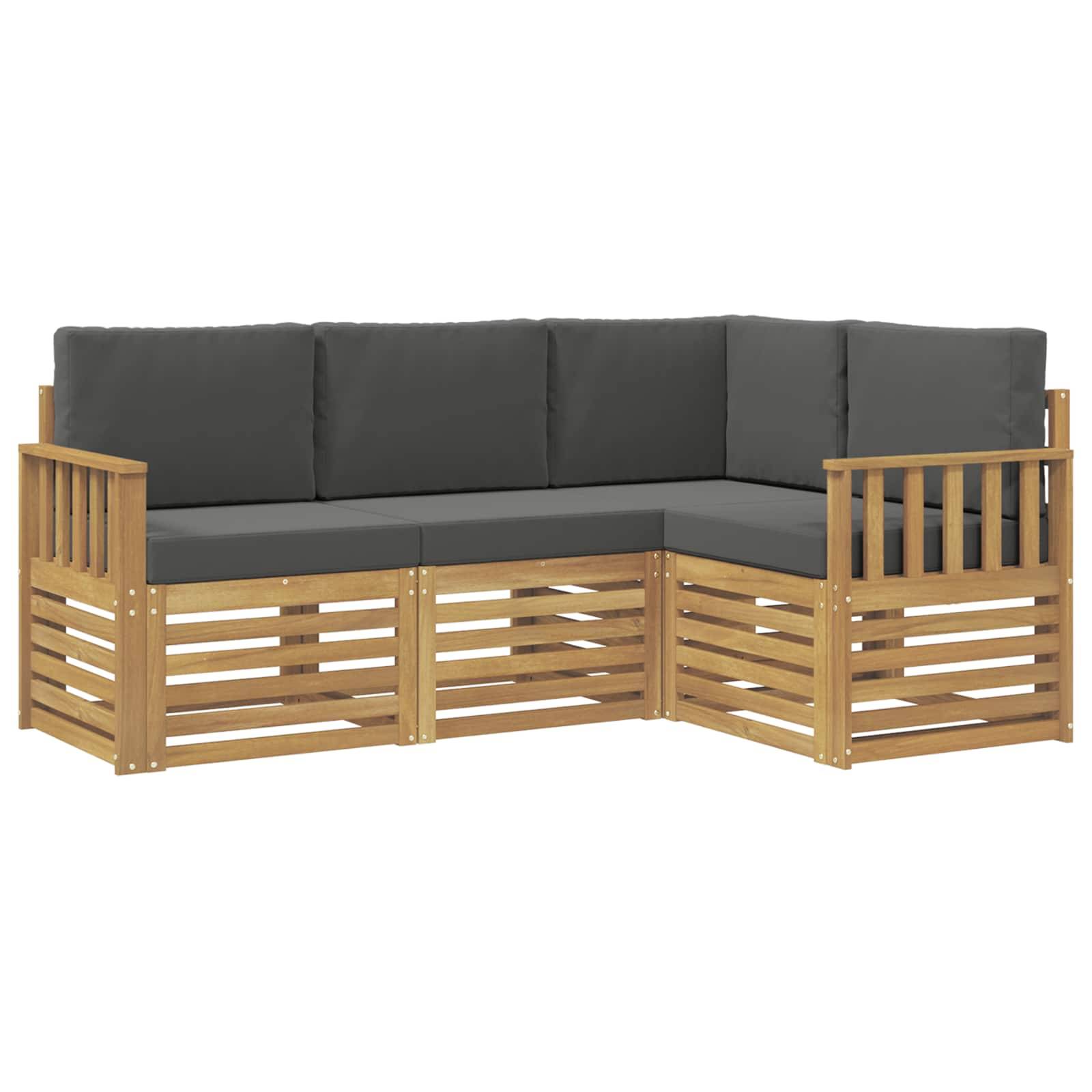 L-förmiges Garten-Sektionalsofa mit hellem Holzlattenrahmen und dunkelgrauen Kissen auf weißem Hintergrund.