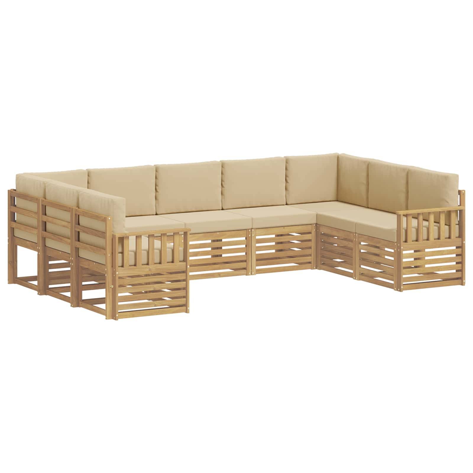 Beiges L-förmiges Gartensektionalsofa mit Holzrahmen und Lamellenseiten, gezeigt auf weißem Hintergrund.