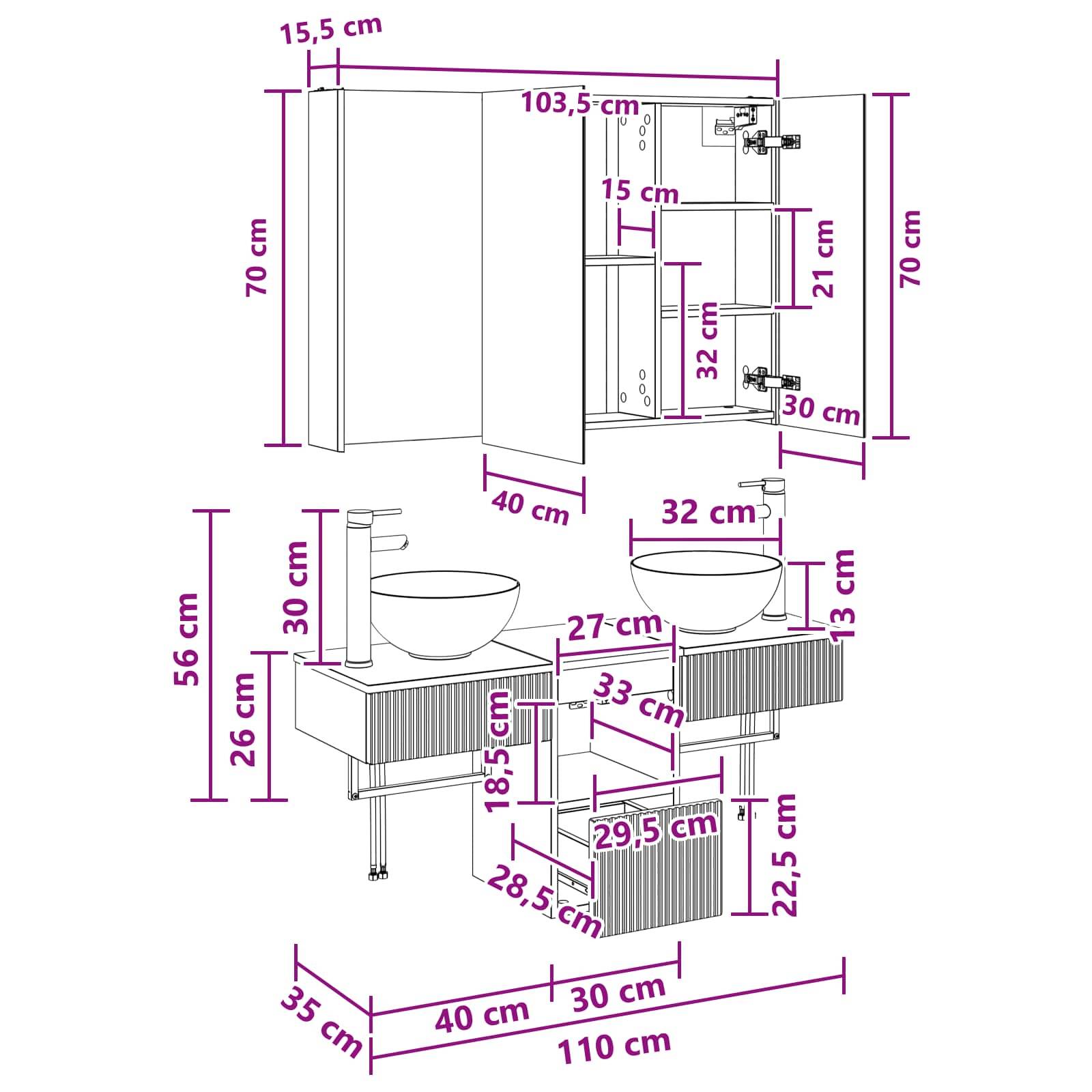 vidaXL Badezimmerschrank-Set 4 pcs Betongrau 103,5 x 15,5 x 70 cm