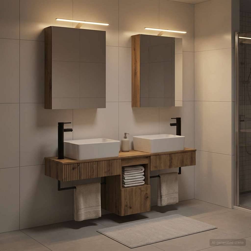 Modernes Badezimmer mit doppeltem Holzwaschtisch, zwei Aufsatzwaschbecken, Wandspiegeln und schwarzen Armaturen auf einem gefliesten Boden.